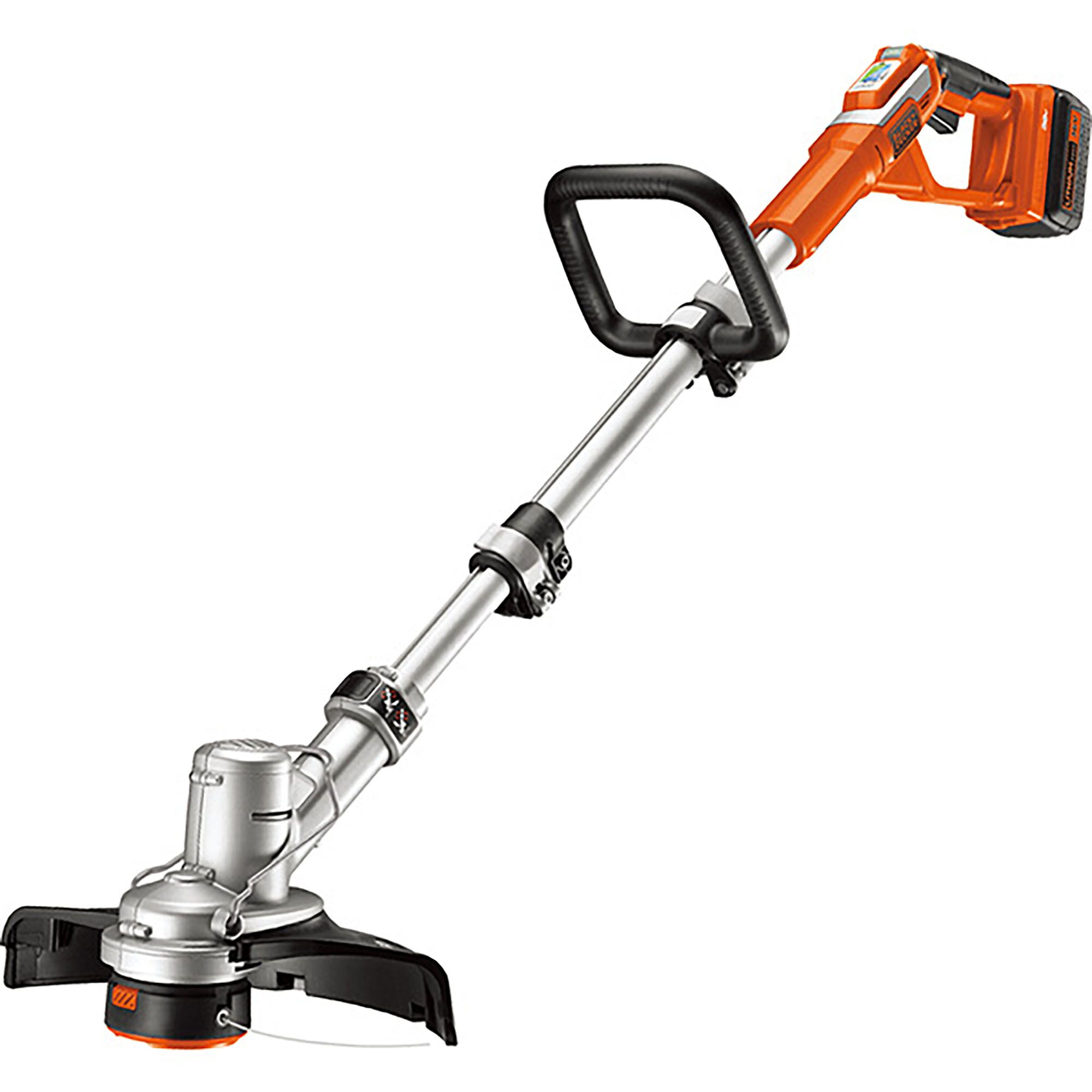 BLACKDECKER GLC36N cordless orange grass trimmer, front angle, silver shaft, black handle.