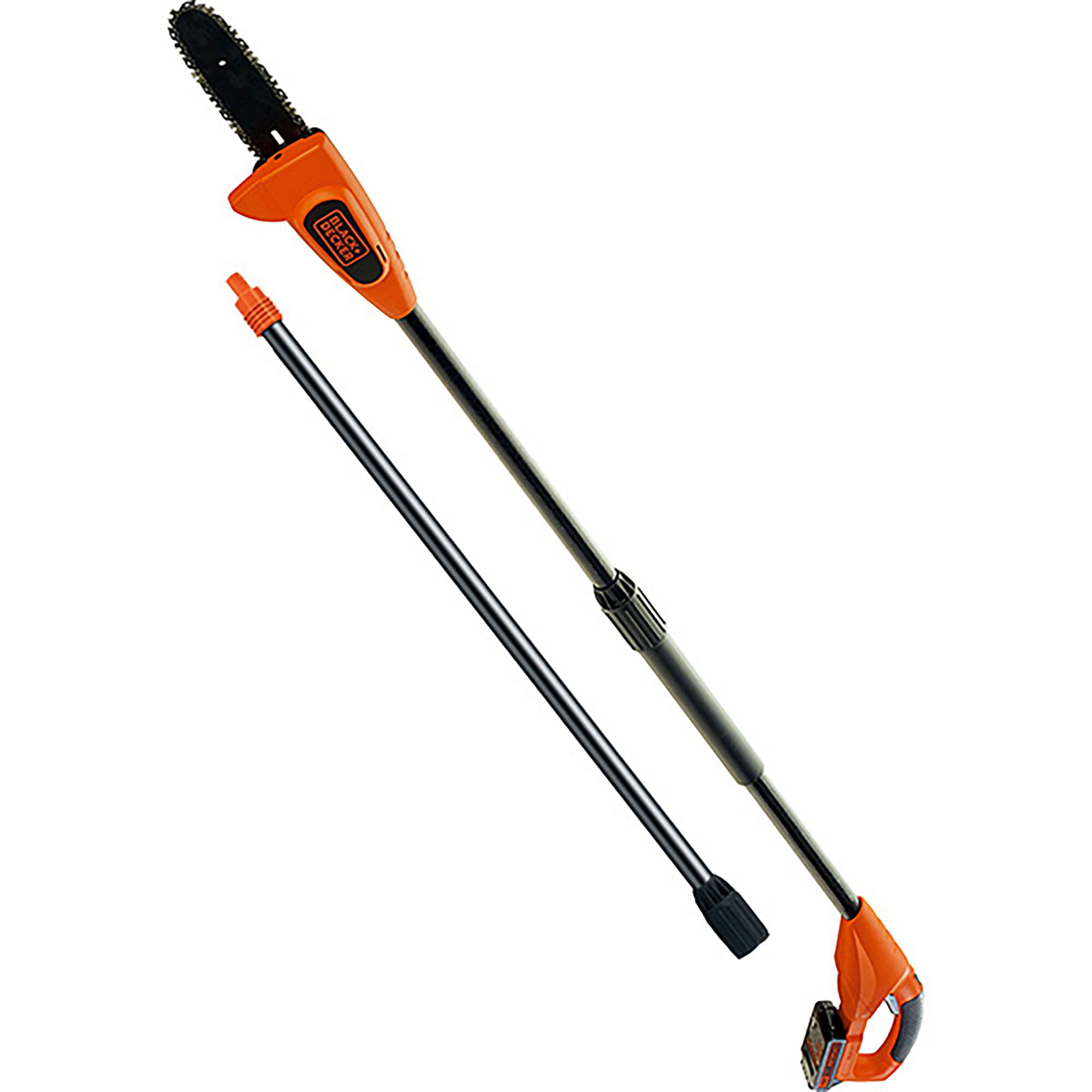 BLACKDECKER GPC1820LBN cordless pole chainsaw with extension tube, orange and black, studio angle.