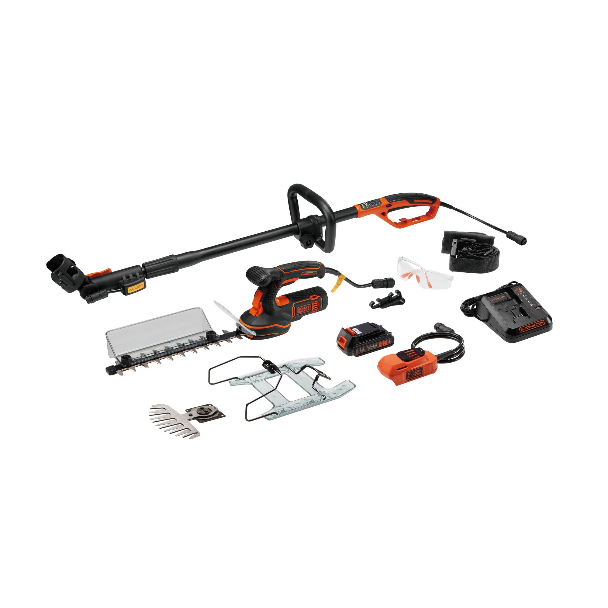 BLACKDECKER GPSH1820 multi-function garden tool set with attachments, battery, charger, protective glasses, and accessories, front angle.