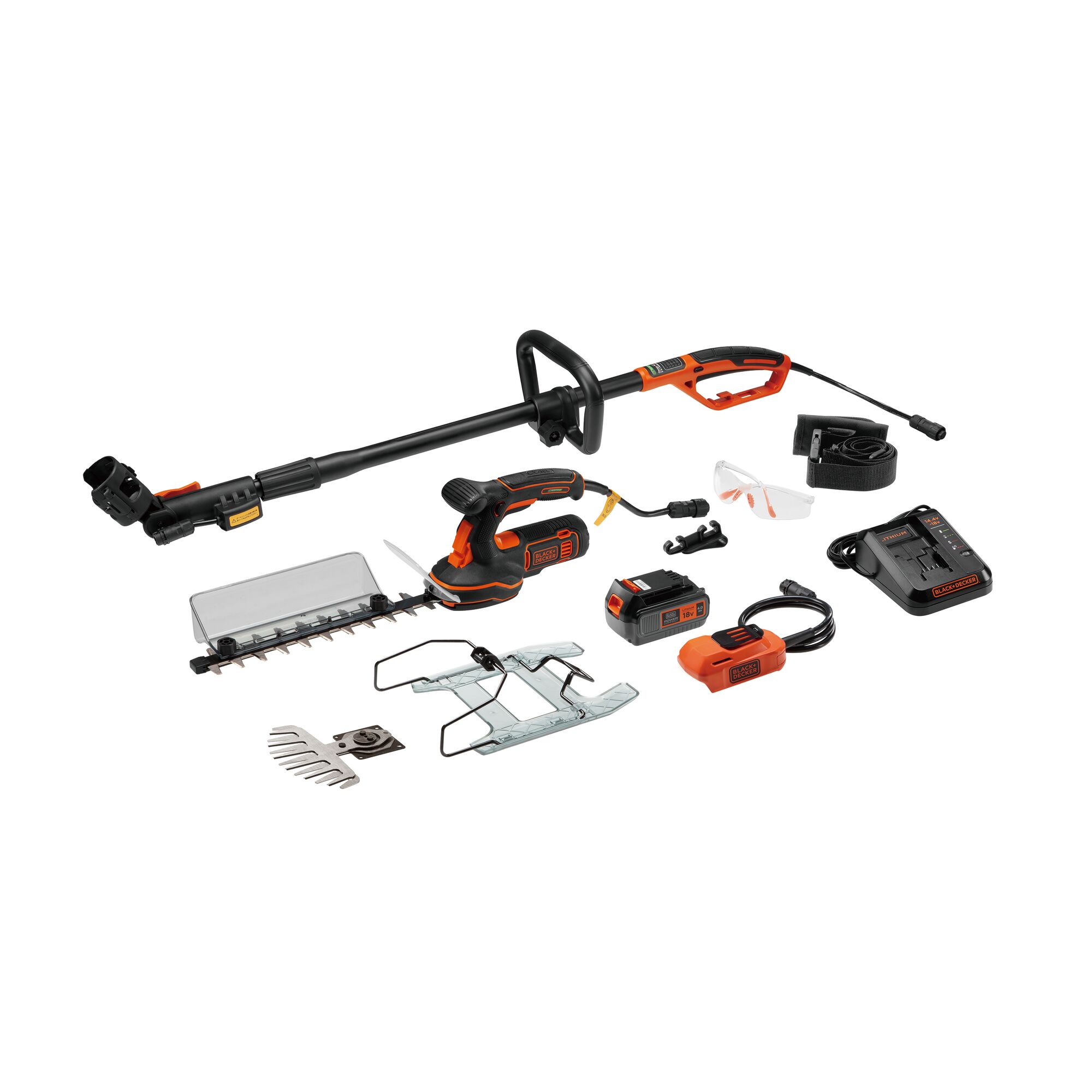BLACKDECKER GPSH1840 photography of cordless garden multi-tool kit with attachments and accessories, white background