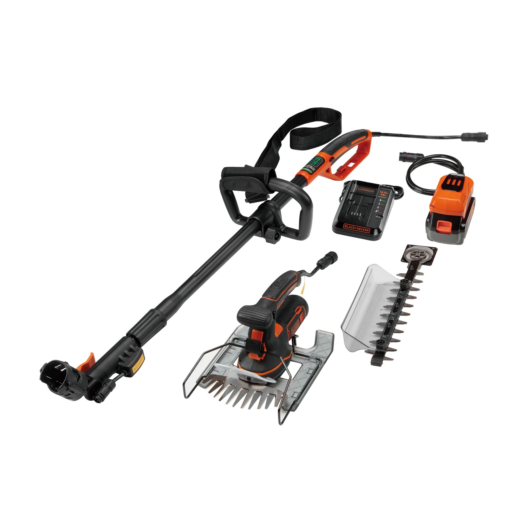 BLACKDECKER GPSH1840 cordless hedge and grass trimmer kit, accessories, top view, white background.