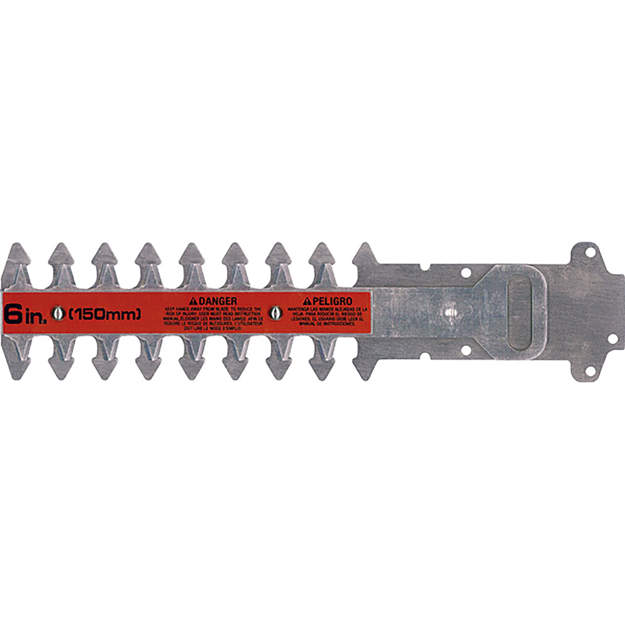 BLACKDECKER GS7H 6-inch hedge trimmer blade, metal, with warning label, top view, white background.