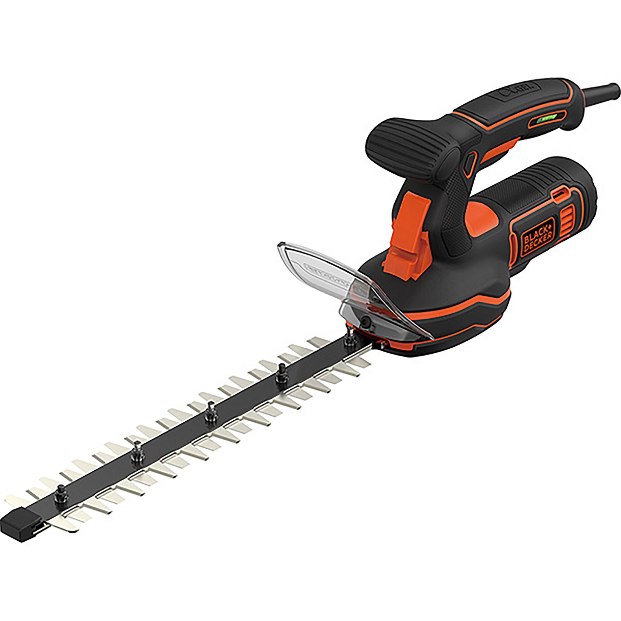 BLACKDECKER GSH1000 electric hedge trimmer, black and orange, side angle on white background