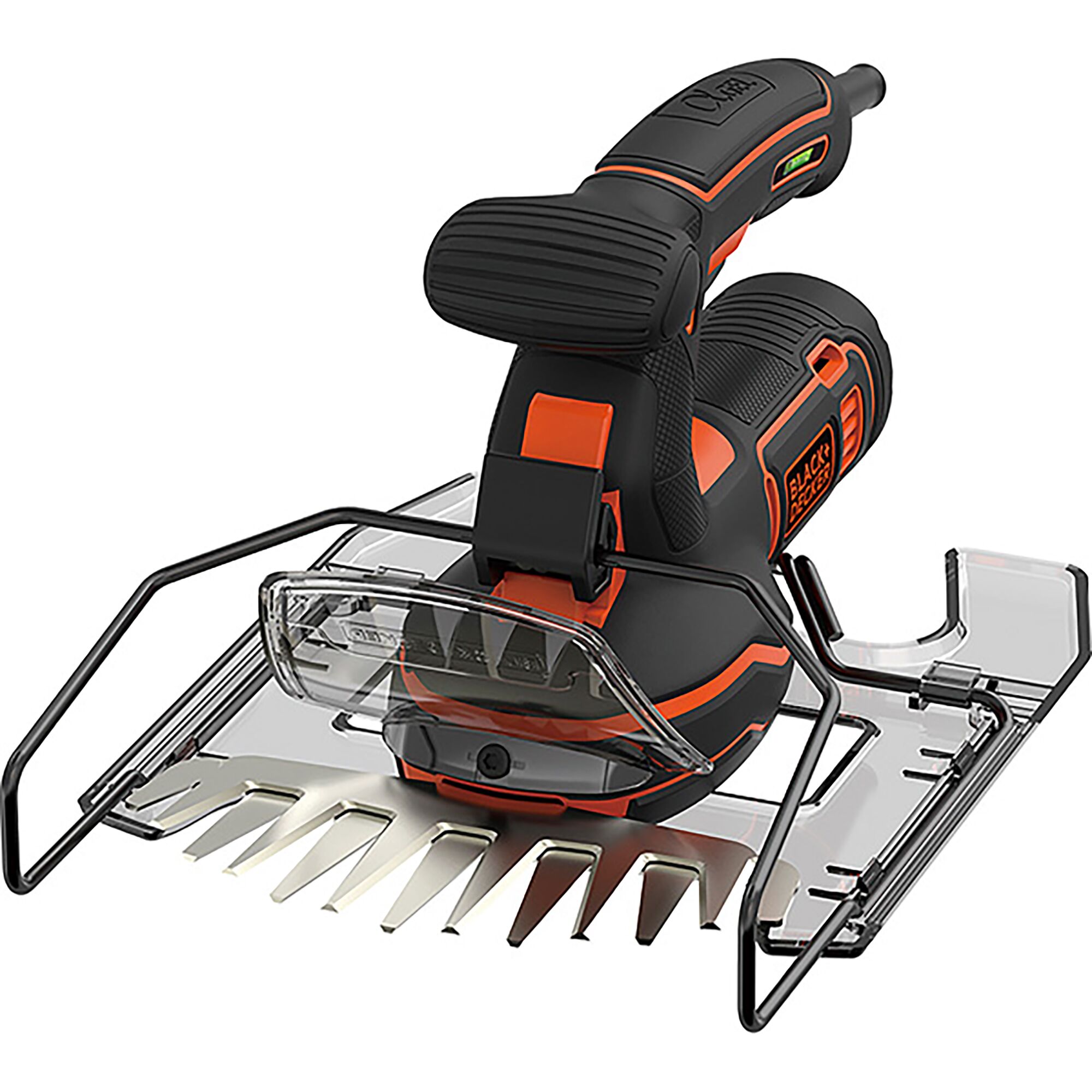 BLACKDECKER GSH1000 electric grass shear with ergonomic handle, black and orange, front angle photo.