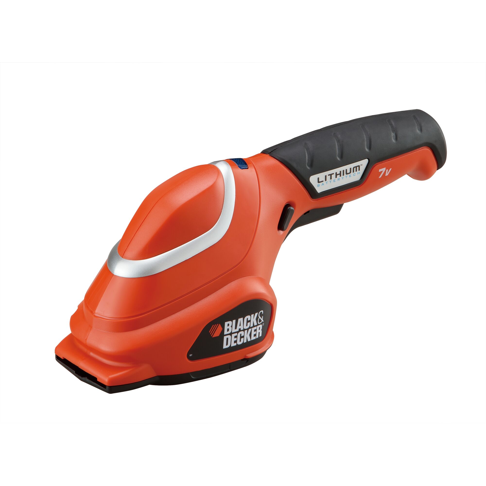 BLACKDECKER GSL700 orange cordless lithium handheld trimmer, side angle on white background.