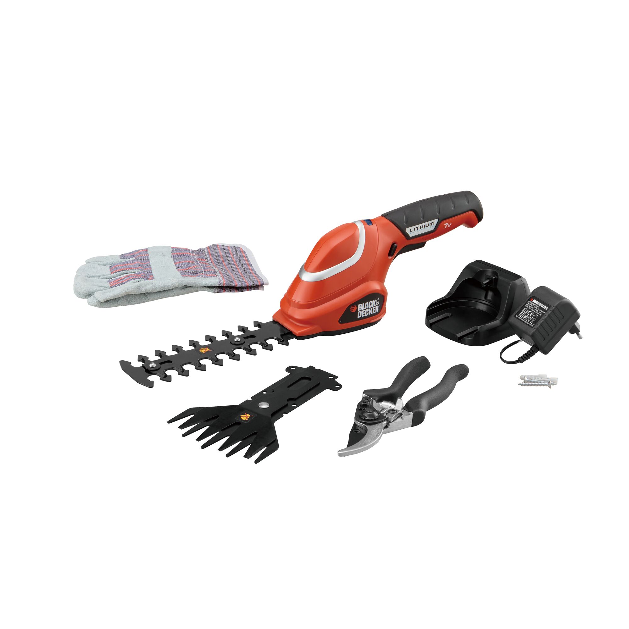 BLACKDECKER GSL700 cordless shrub shear kit with orange and black tool, extra blades, gloves, charger, and pruner, front angle.