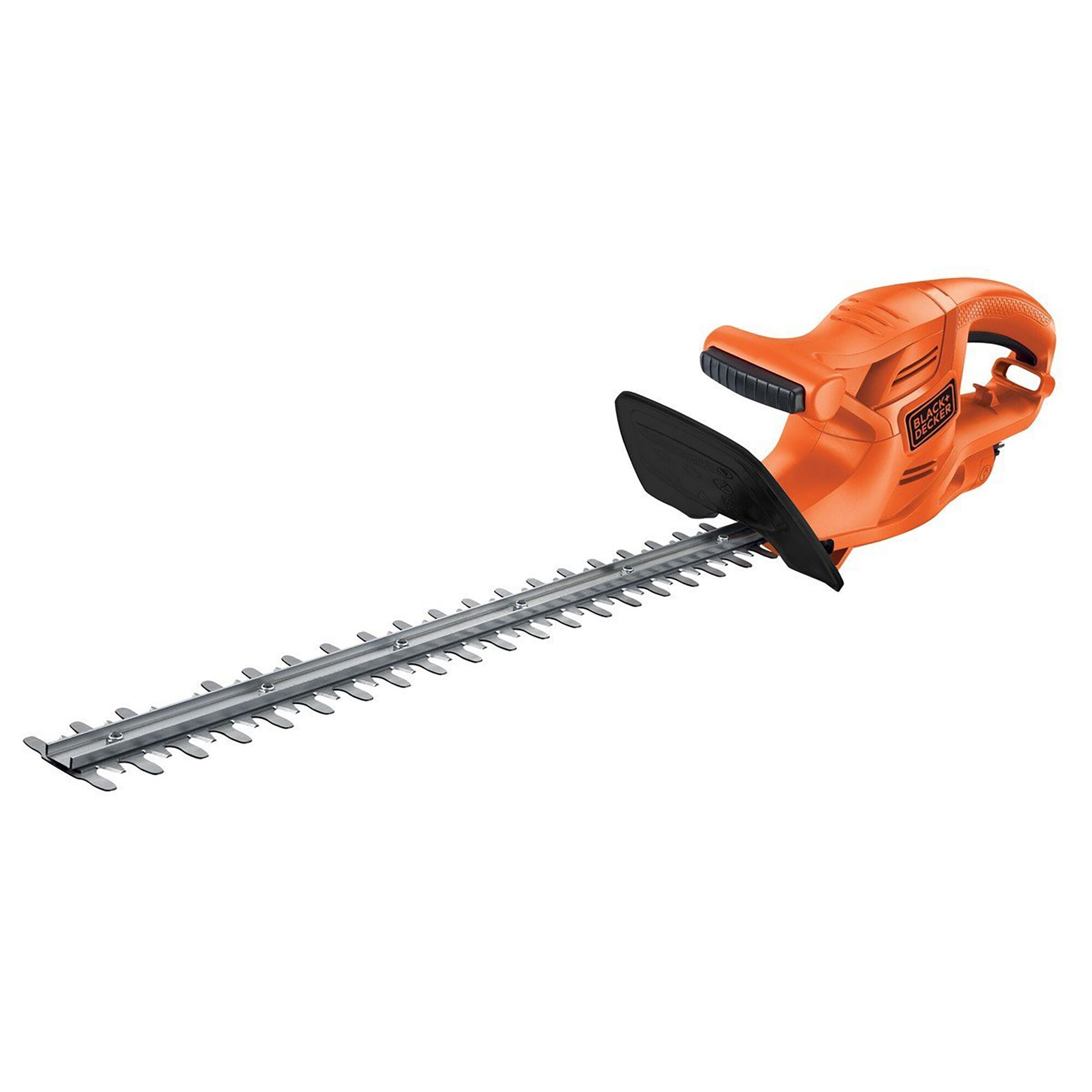 BLACKDECKER GT4245 orange electric hedge trimmer side view with long silver blade and black guard.
