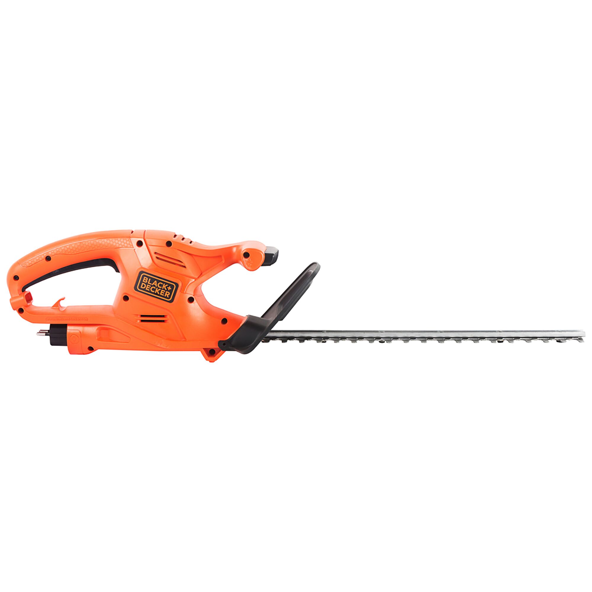 BLACKDECKER GT4245 orange electric hedge trimmer side view with black handle and long blade.