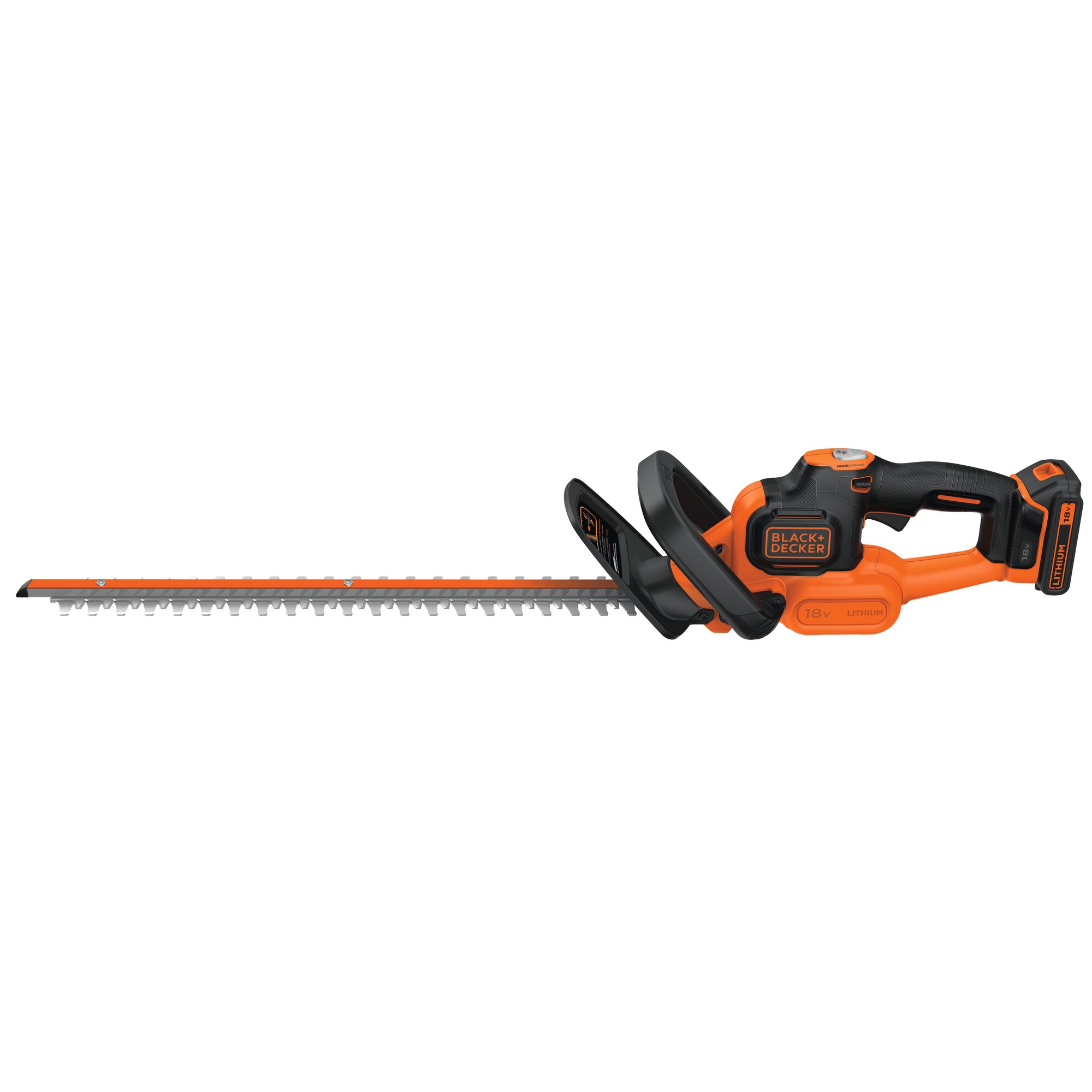 A BLACK+DECKER cordless hedge trimmer with a long orange and black blade and ergonomic handle, featuring an 18V lithium battery.