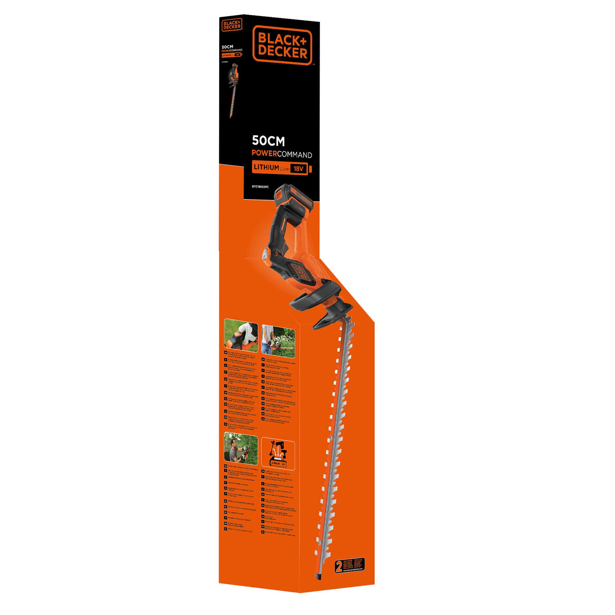 BLACK+DECKER GTC18502PC cordless hedge trimmer in orange packaging with tool illustration, front angle.