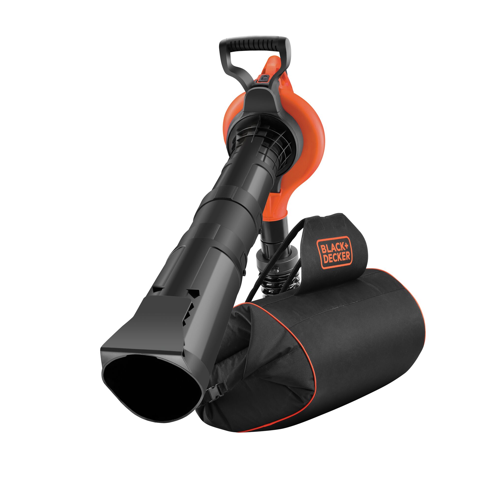 BLACK+DECKER GW3031BP leaf blower and vacuum, black and orange, side view, with collection bag.