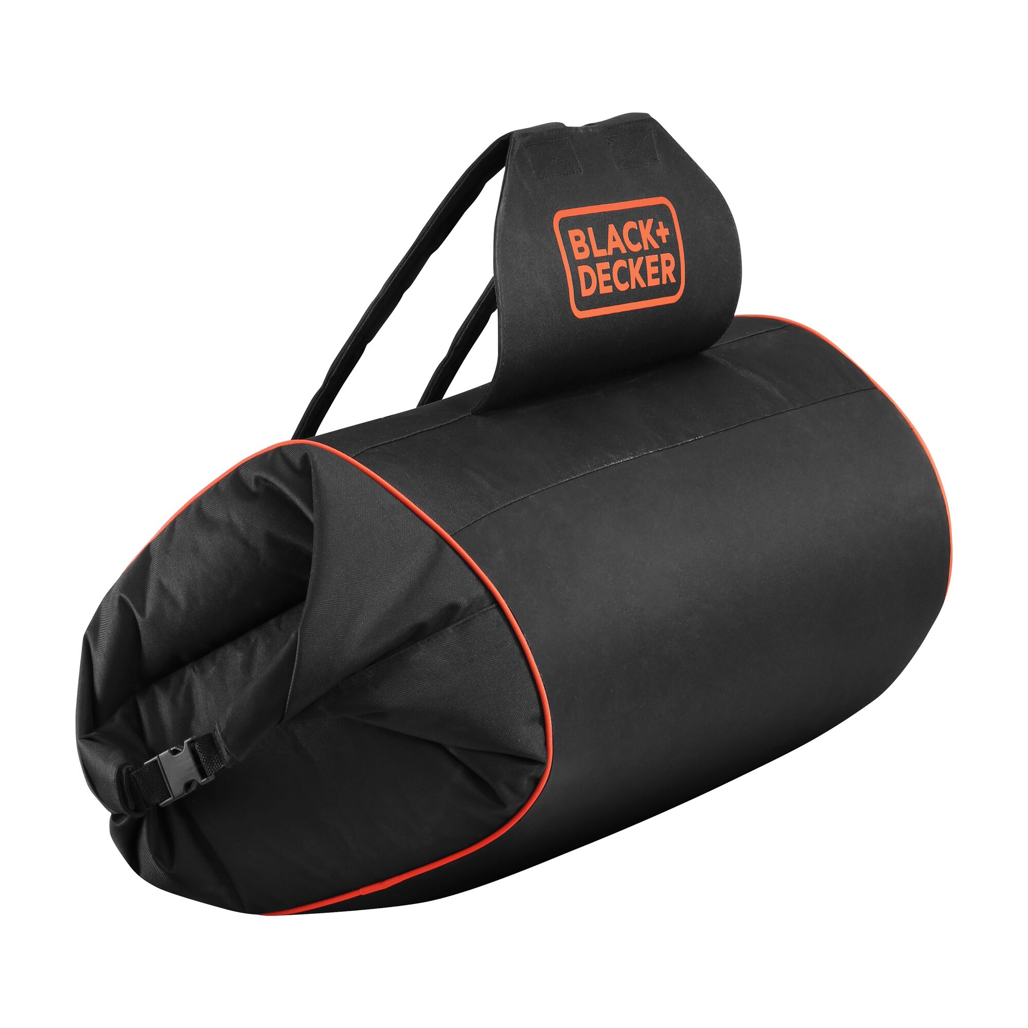 BLACK+DECKER GW3031BP black leaf collection bag with orange trim, photography, angled on white background.