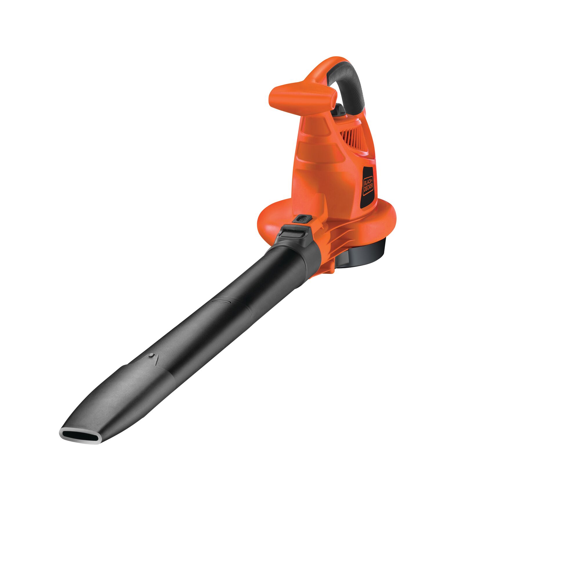 BLACKDECKER GW3031BP leaf blower, orange and black, side angle, photography on white background.