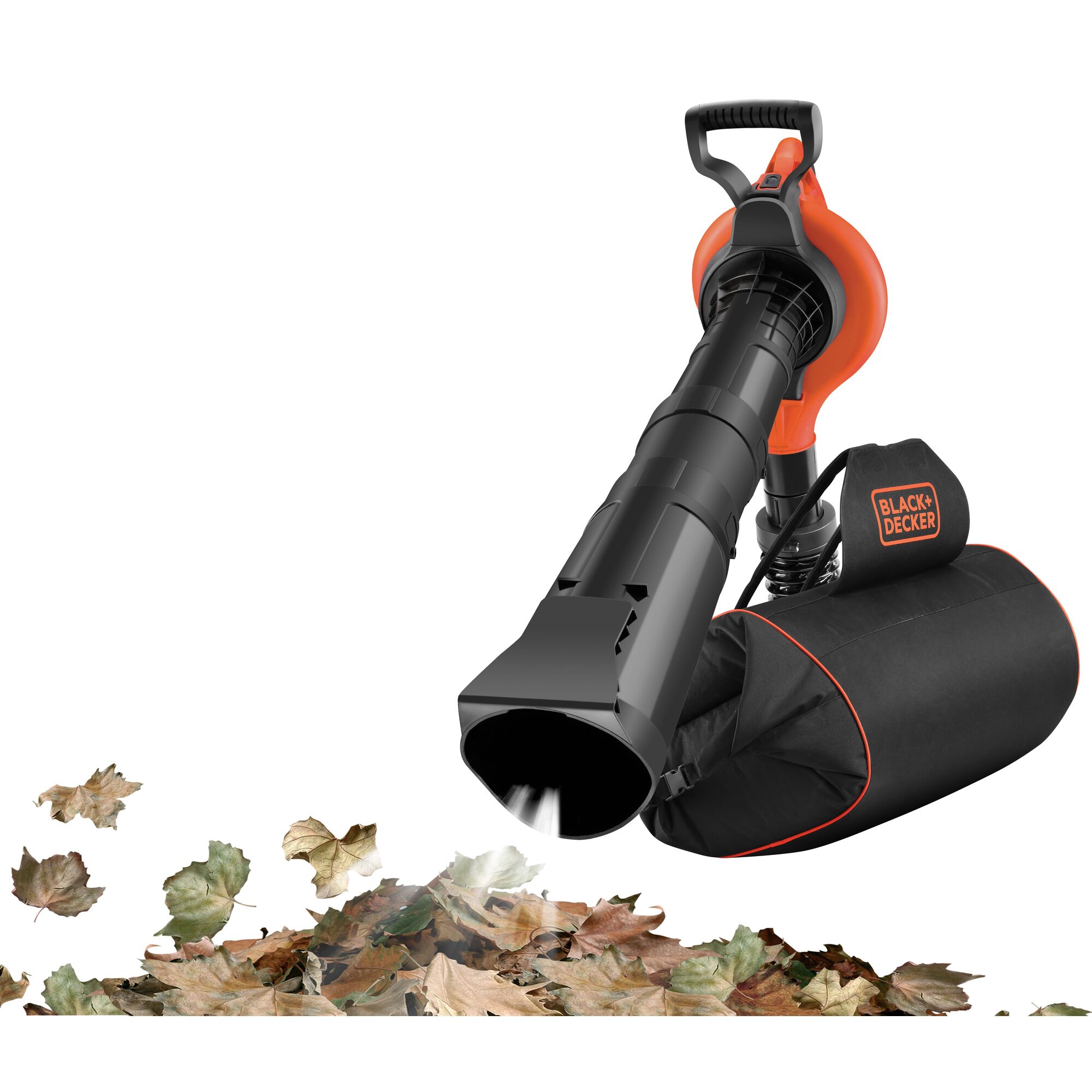 BLACKDECKER GW3031BP leaf blower vacuum with collection bag, side view on white background.