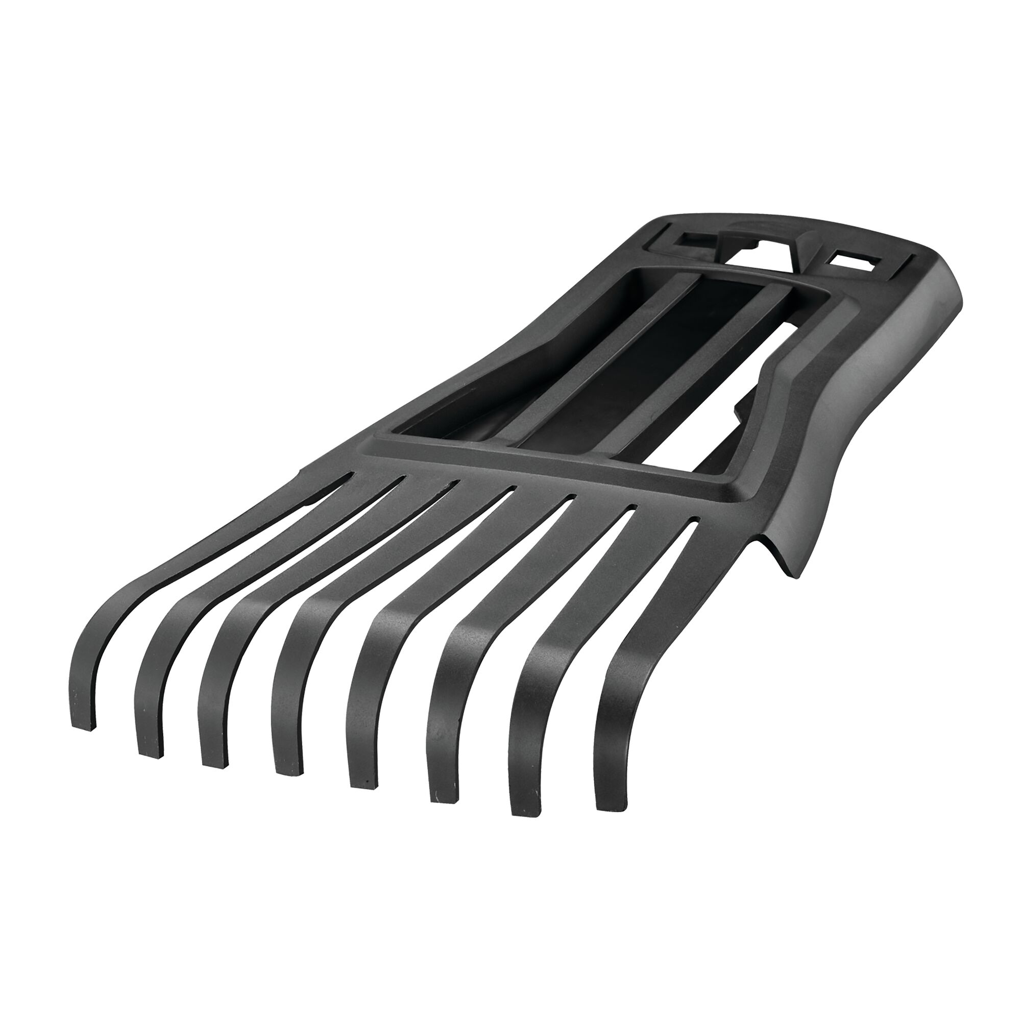 BLACKDECKER GW3031BP leaf rake accessory, black plastic, angled view on white background.