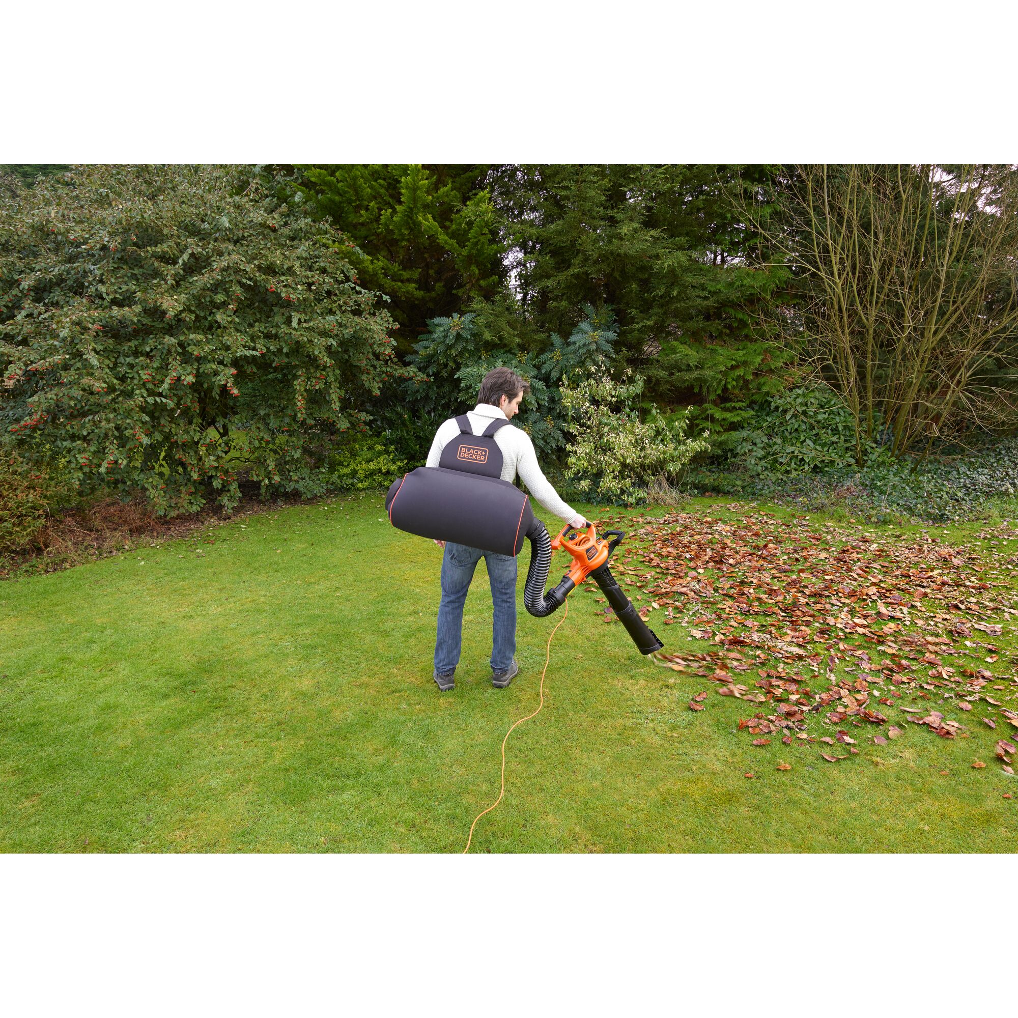 BLACKDECKER GW3031BP leaf blower and vacuum in use outdoors with collection bag worn on back.