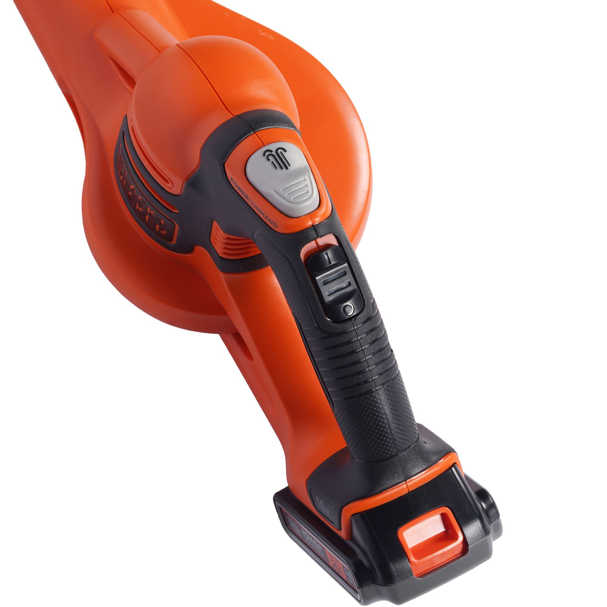 BLACKDECKER GWC1820PCF cordless leaf blower handle close-up, orange and black, product photography