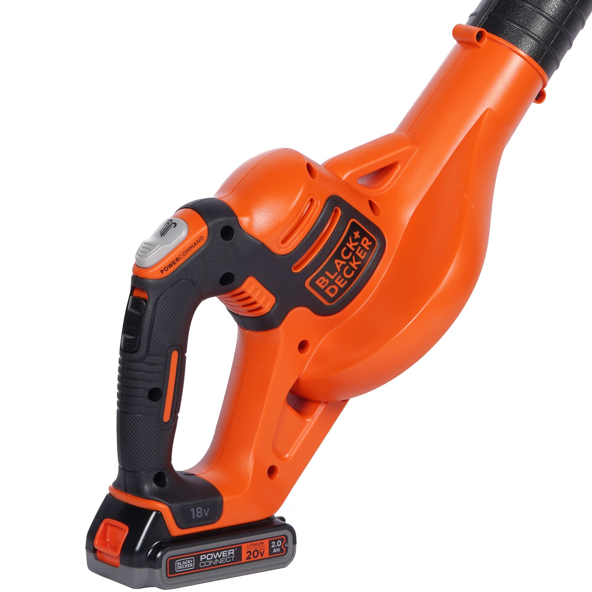 BLACKDECKER GWC1820PCF orange cordless leaf blower, side angle on white background.
