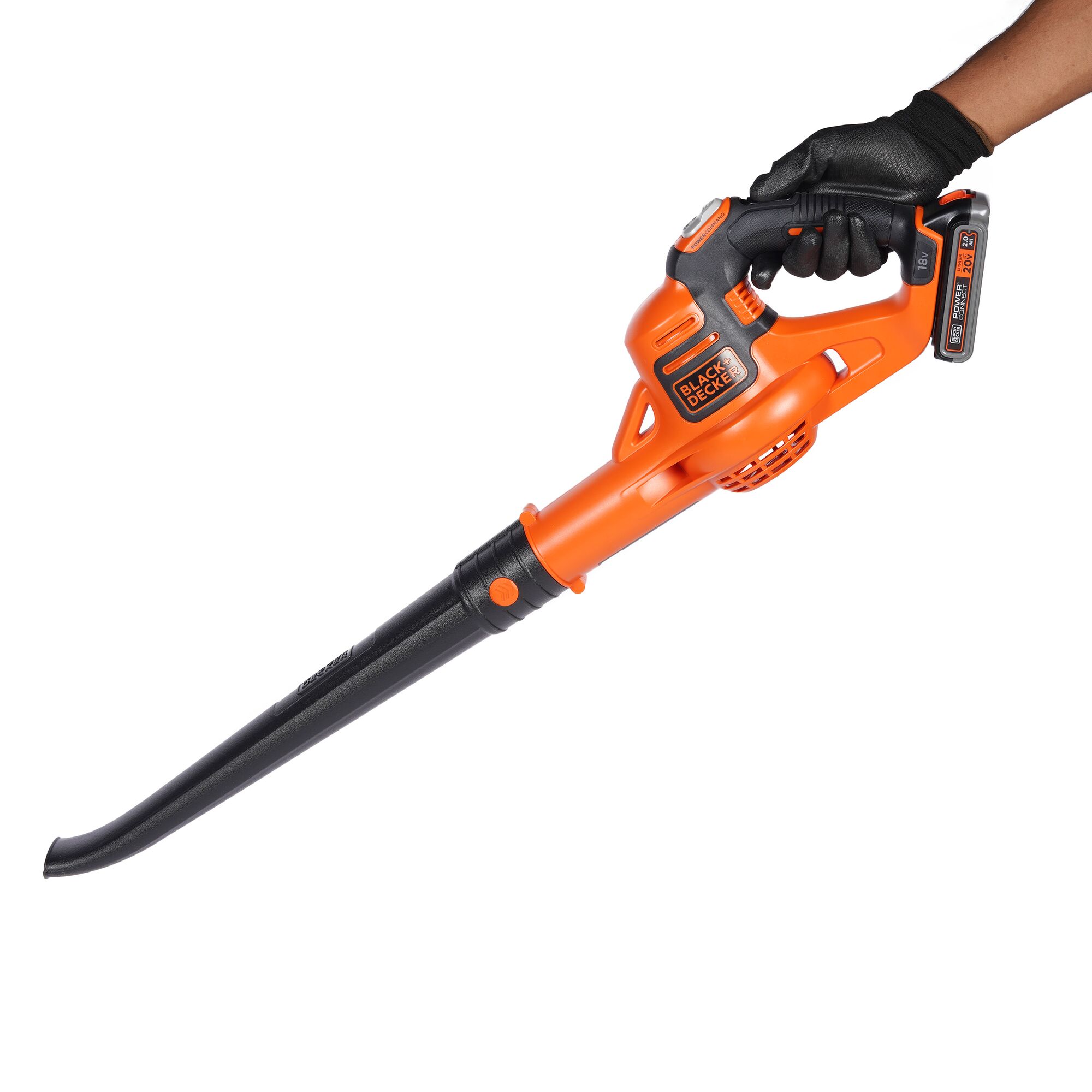 Photo of BLACK+DECKER cordless leaf blower GWC1820PCF, orange and black, side angle, held by gloved hand.