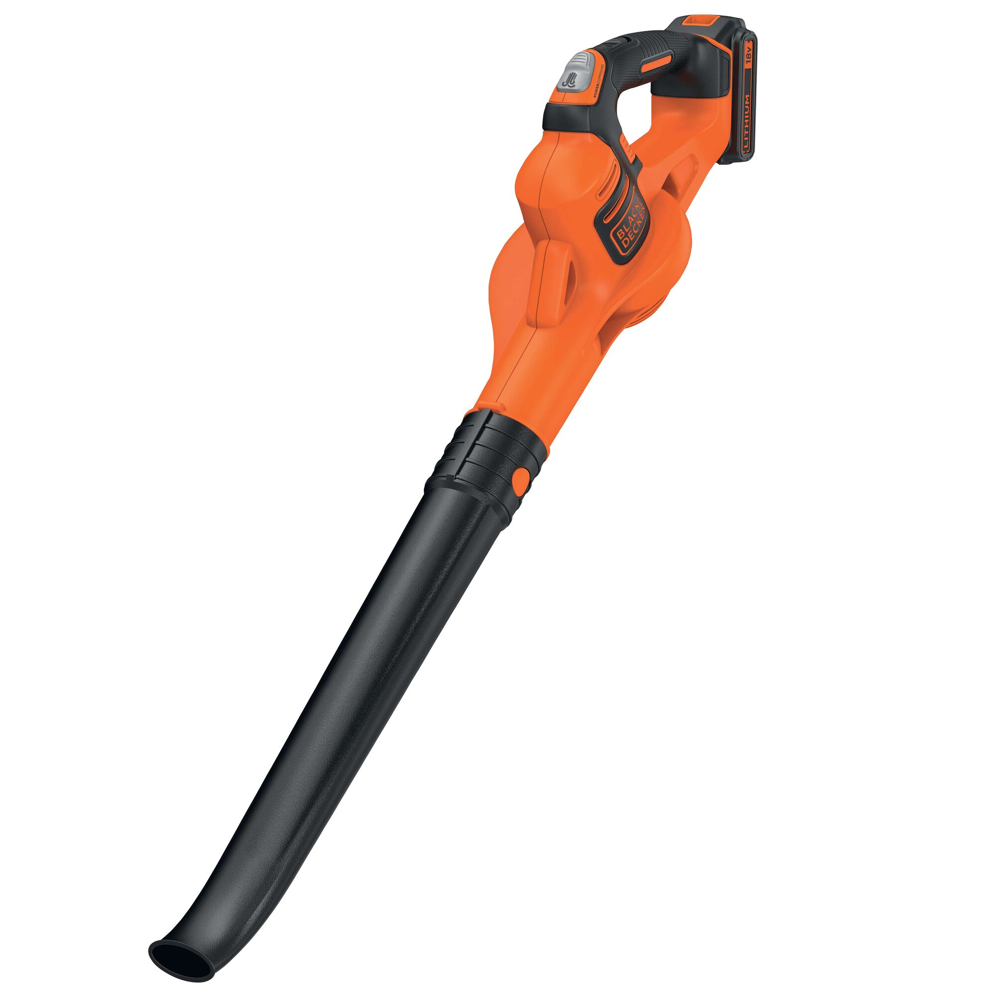 BLACKDECKER GWC1820PC cordless leaf blower, orange and black, side angle, on white background.