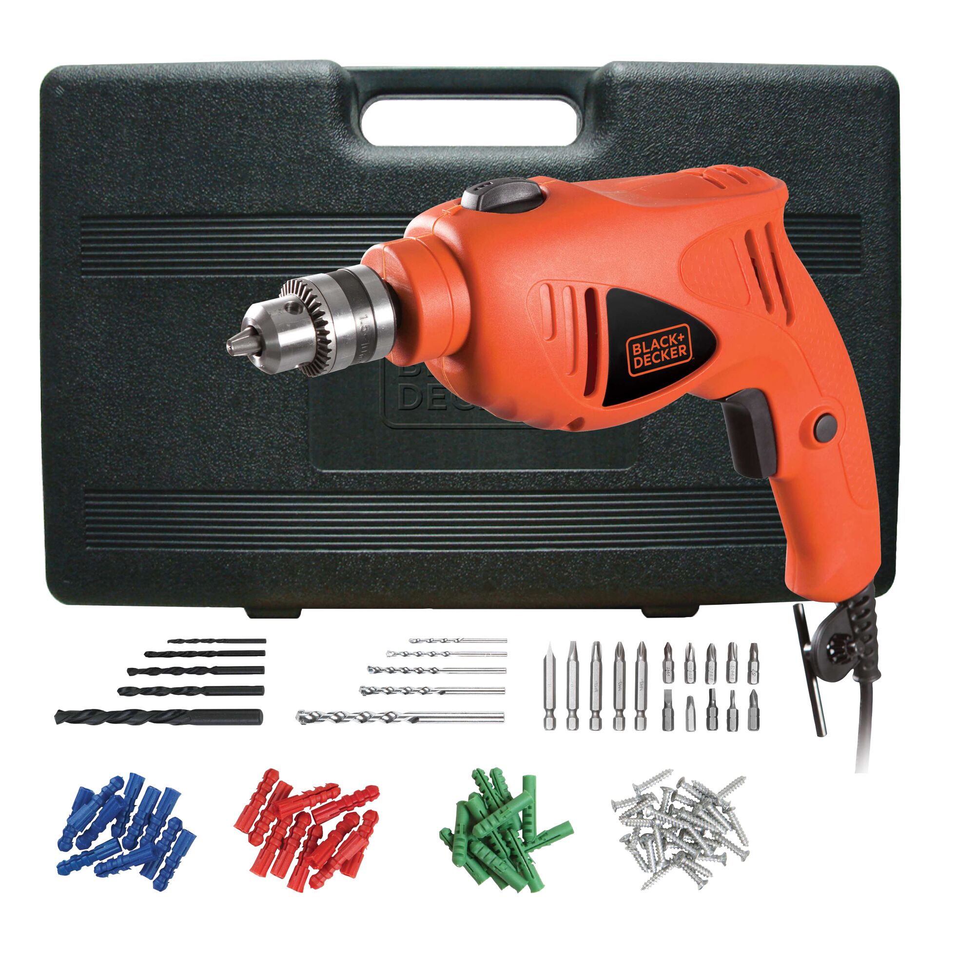 BLACK+DECKER HD400K50 orange corded drill set with carrying case, drill bits, wall plugs, and screws, front angle.