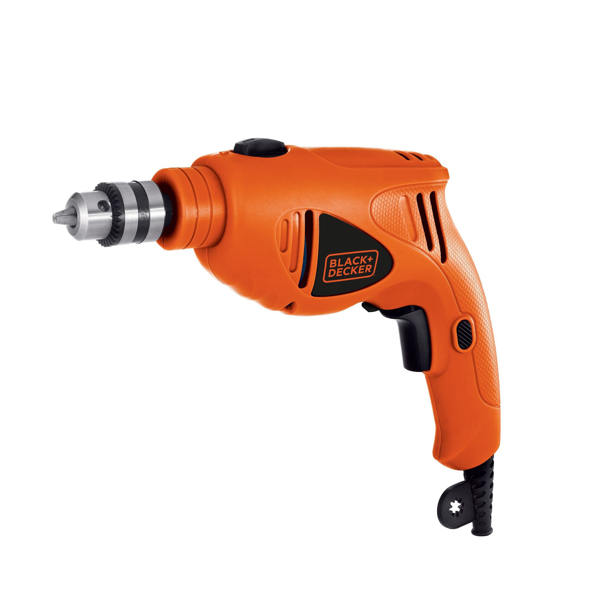BLACKDECKER HD400K9 orange corded electric drill, side angle on white background.