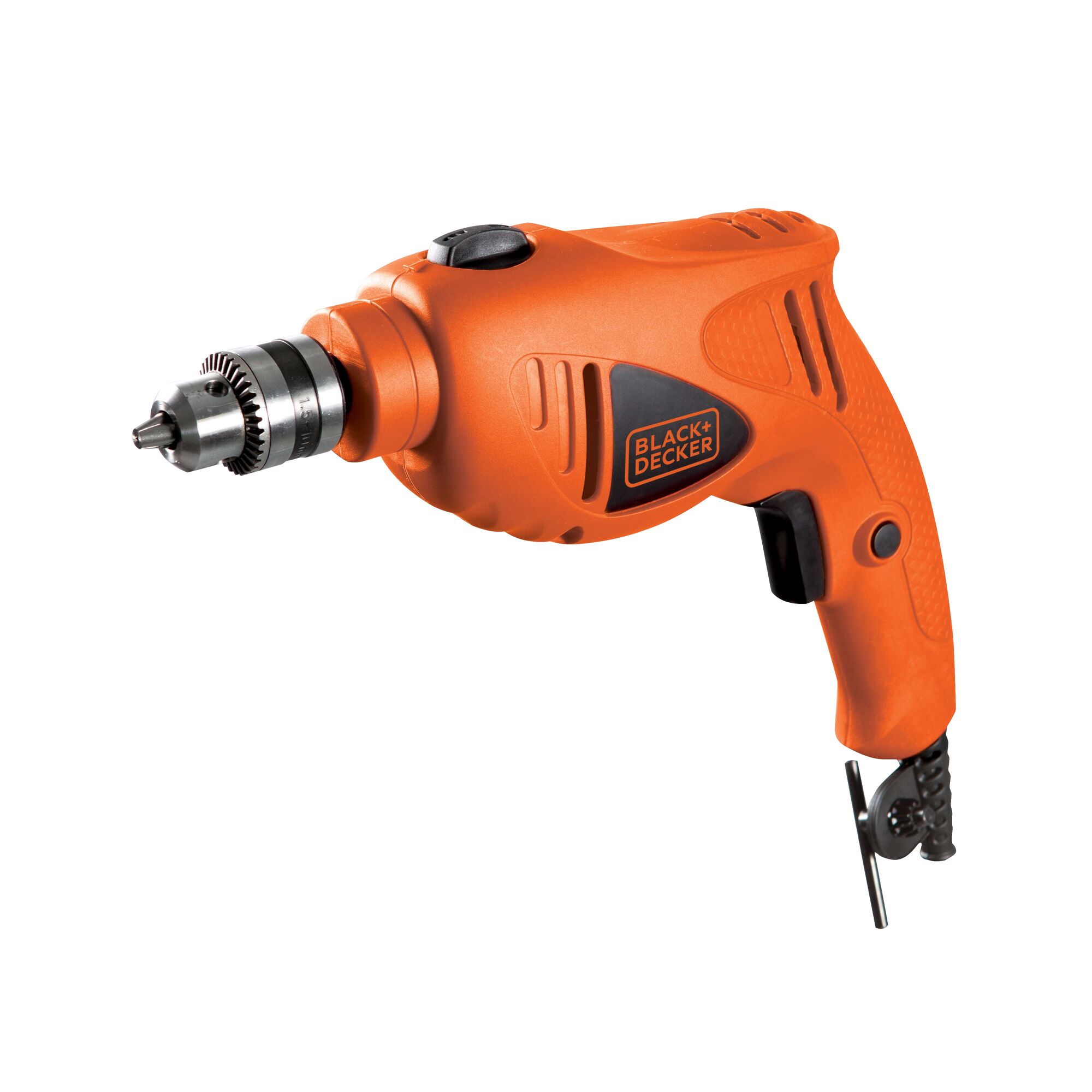 BLACKDECKER HD400 orange corded drill side view, ergonomic grip and metal chuck.