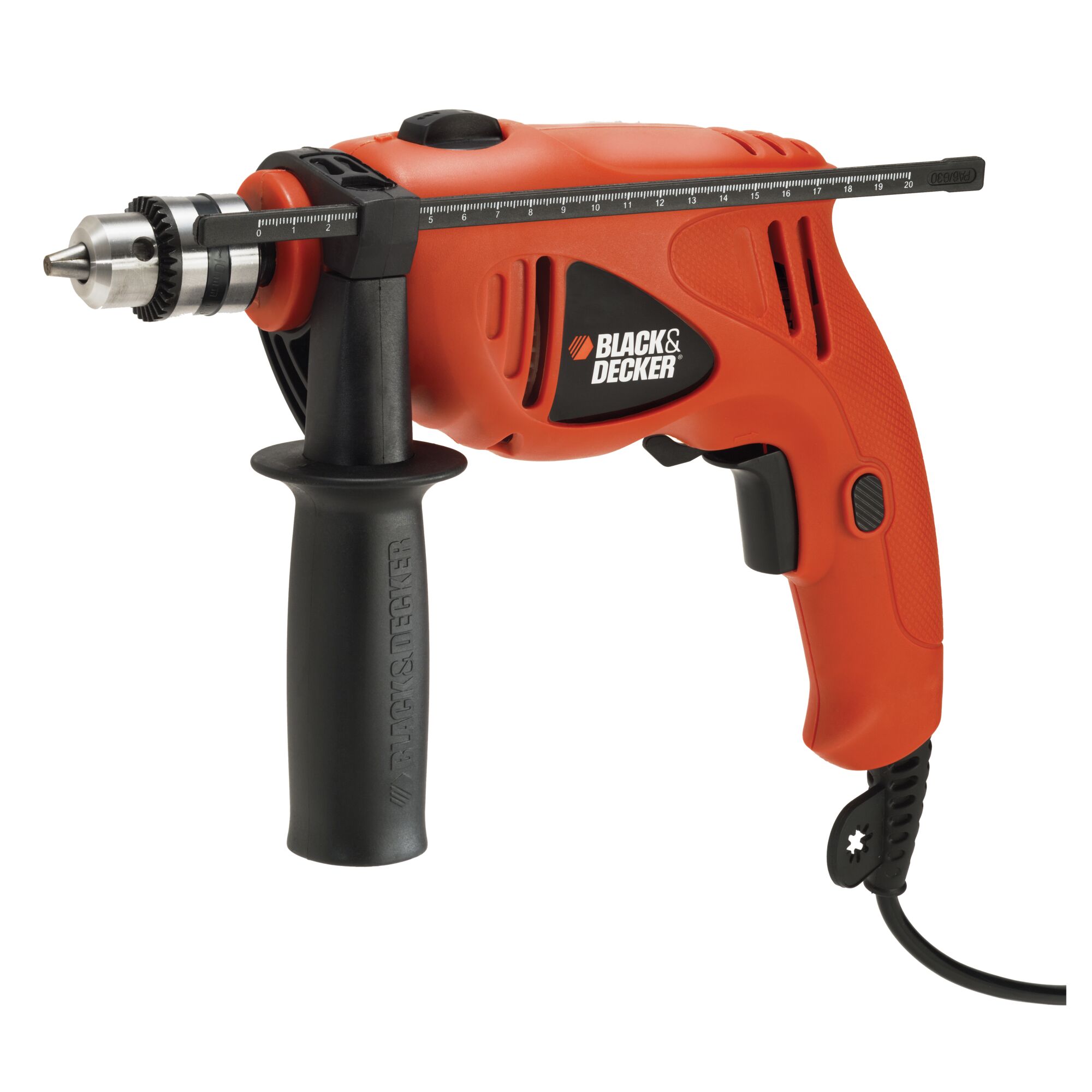 BLACKDECKER HD450 corded orange drill with side handle and depth gauge, front angle on white background.