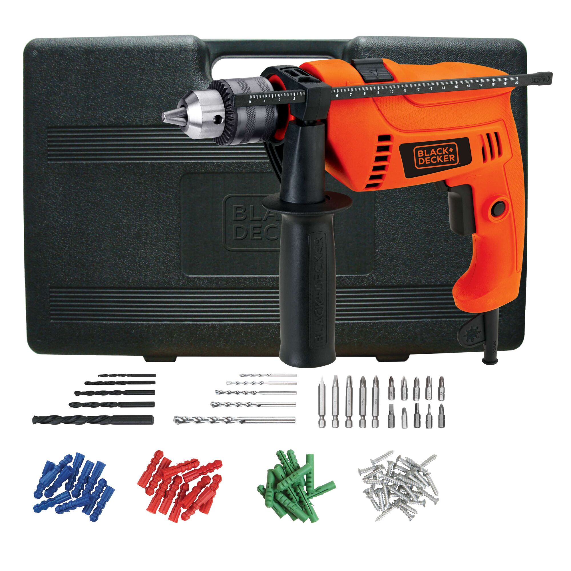 BLACK+DECKER HD555K50 orange drill set with carrying case, bits, screws, and colored wall plugs, front angle.