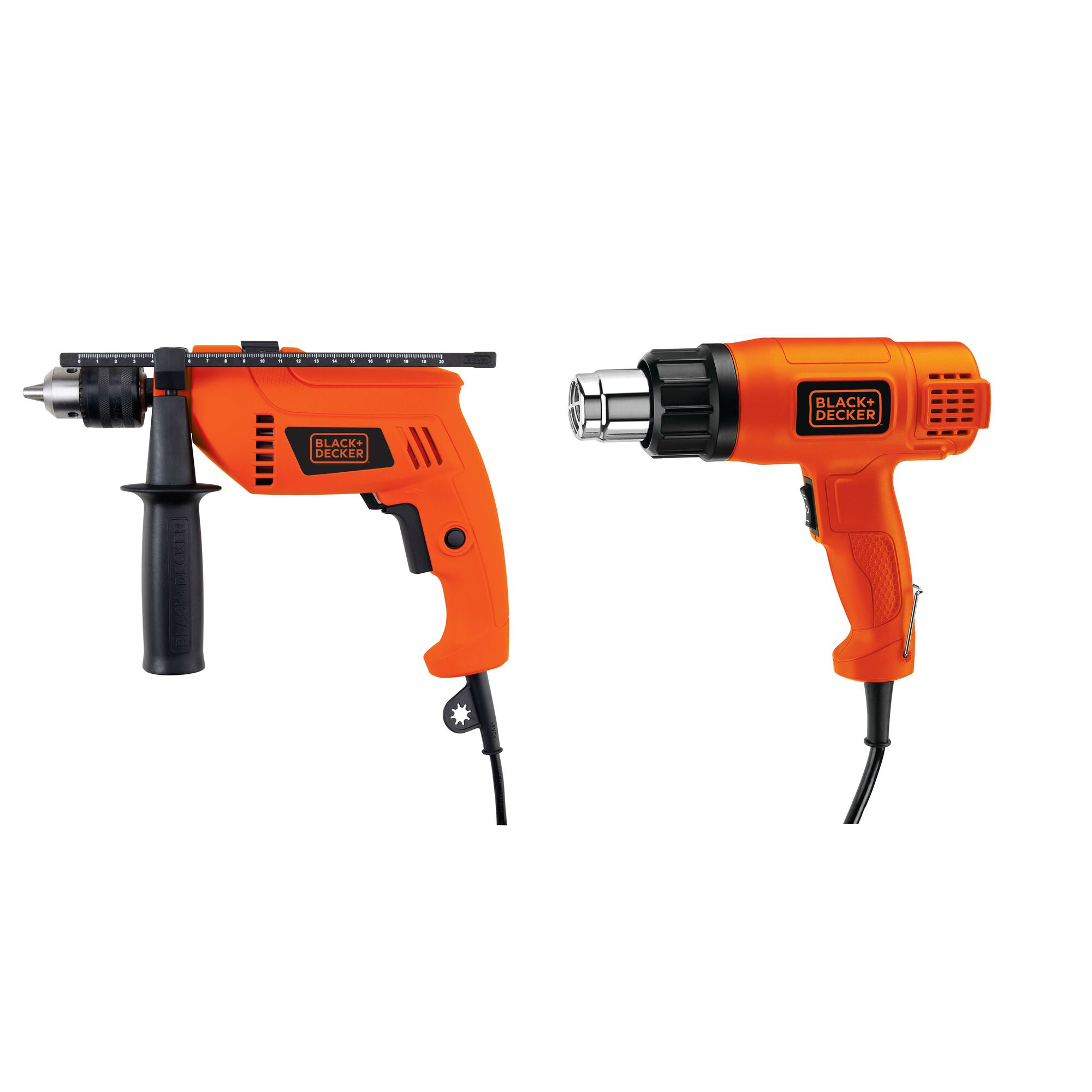 BLACK+DECKER HD555KKX1800 orange electric drill and heat gun, side view on white background.