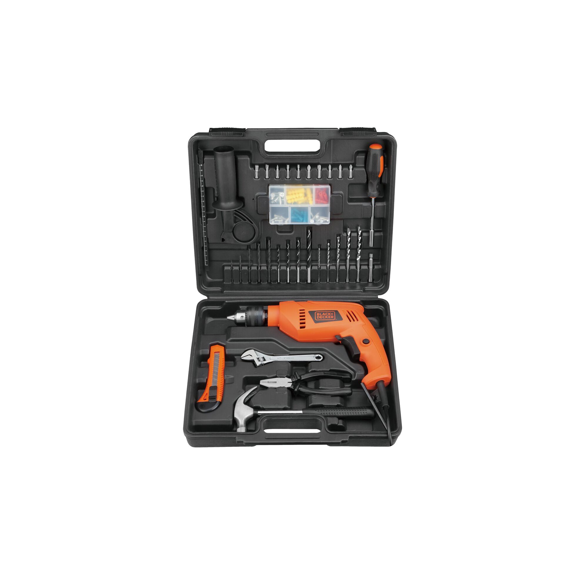 BLACKDECKER HD555KMPR drill set with orange drill, bits, tools in black case, front angle.