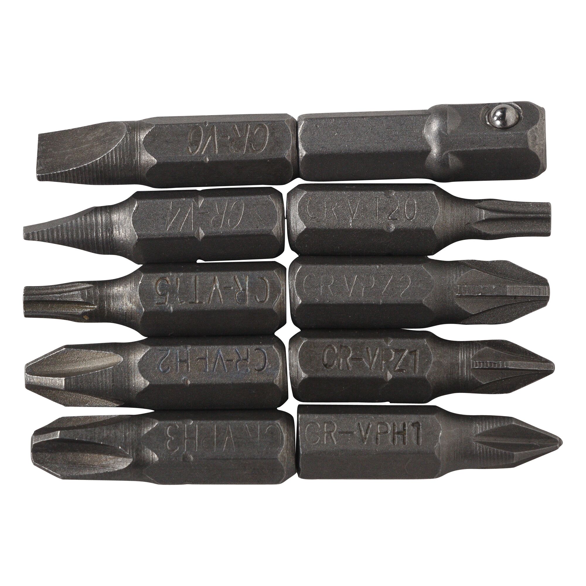 BLACKDECKER HD555KMPR set of ten black steel screwdriver bits, white background, top view.