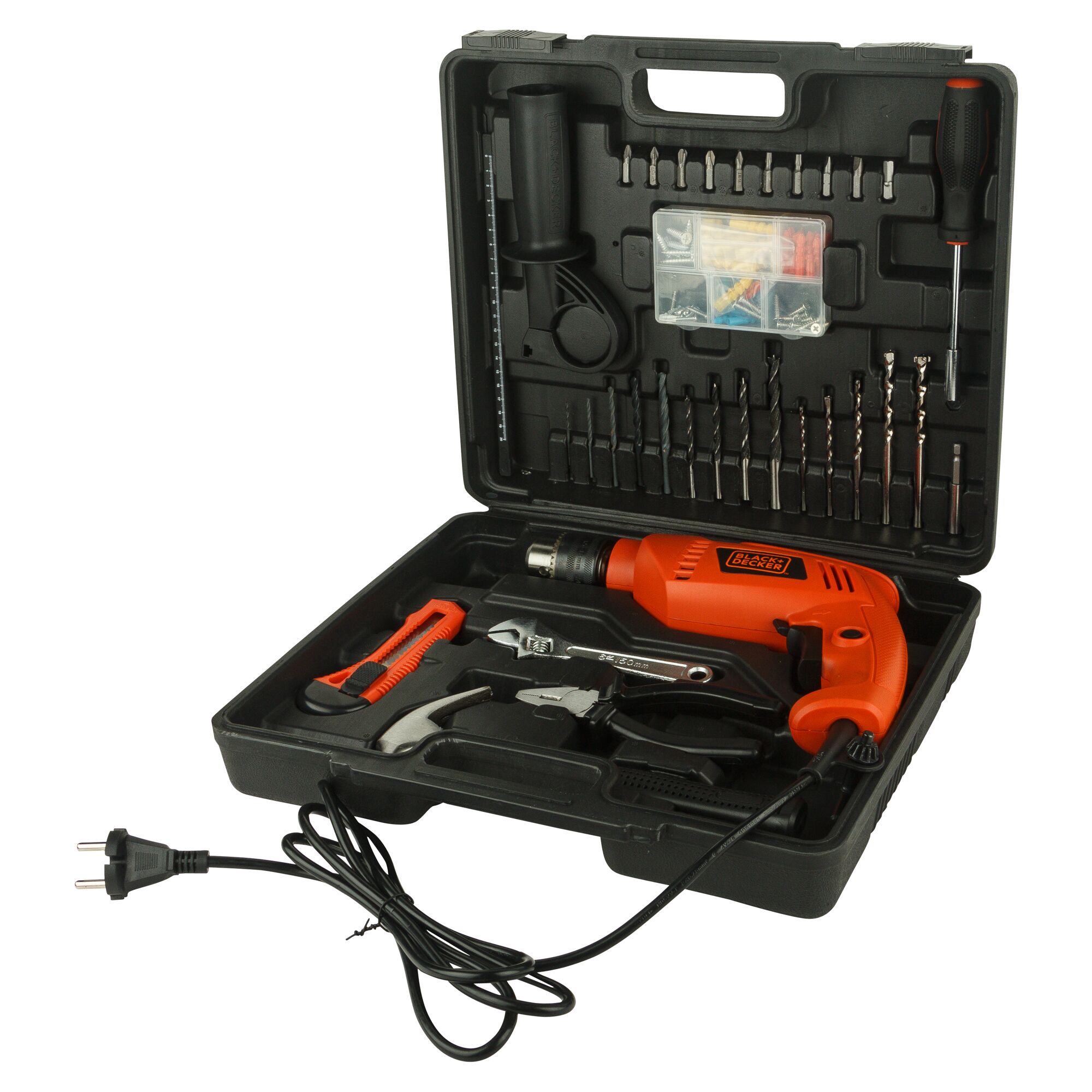 BLACKDECKER HD555KMPR corded drill tool kit with accessories in open black case, angled view