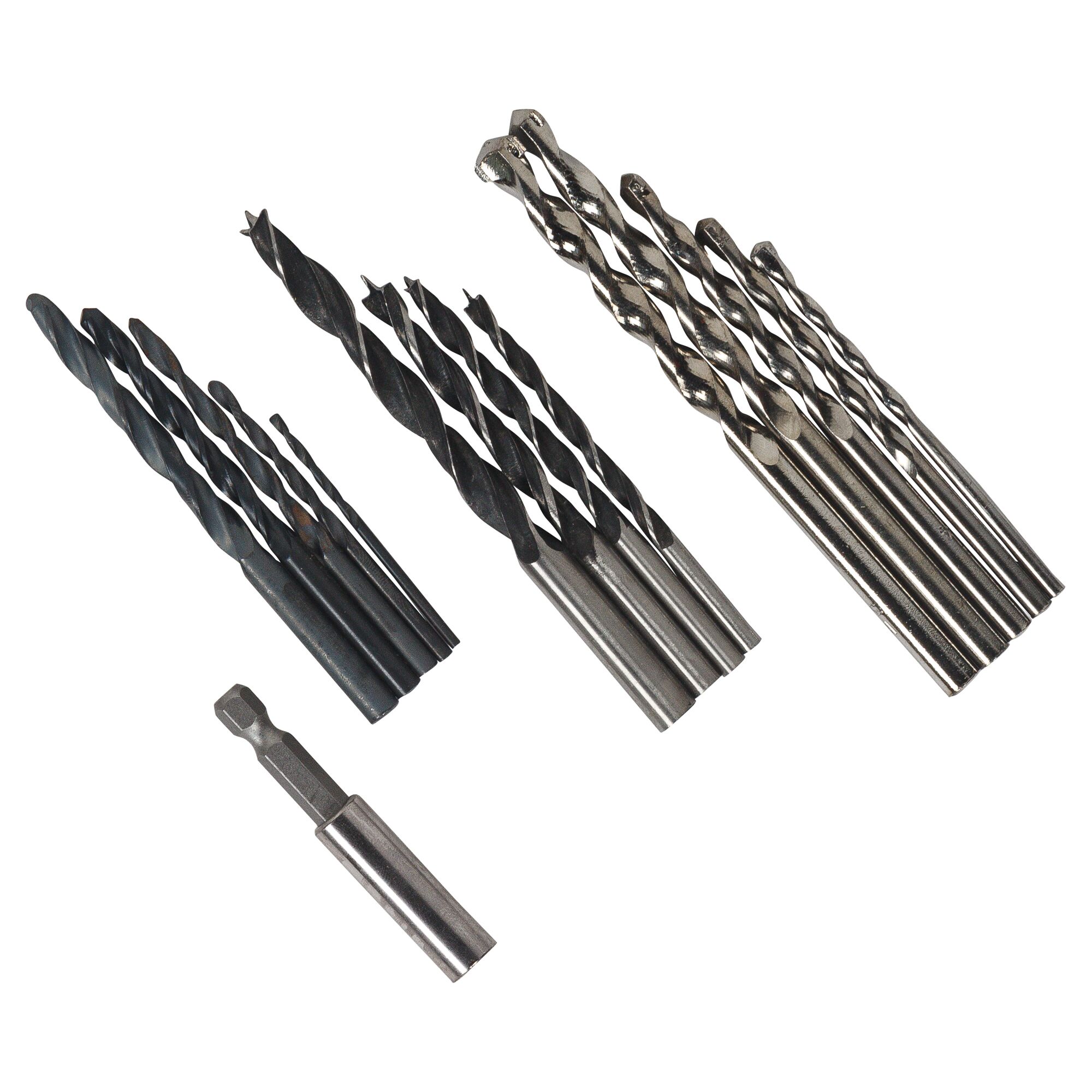 BLACKDECKER HD555KMPR drill bit set with multiple metal and wood drill bits, white background, angled view