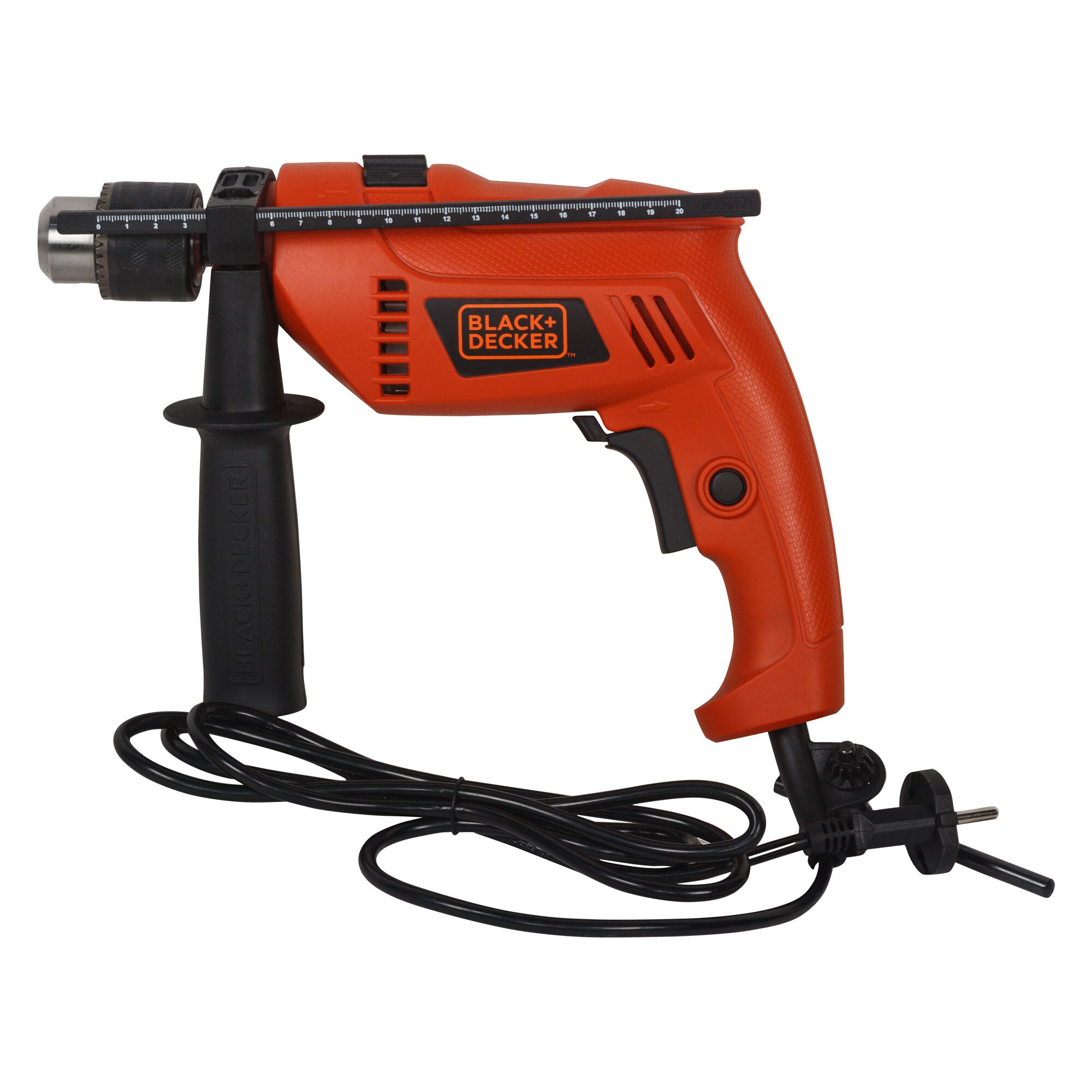 BLACKDECKER HD555KMPR orange corded electric drill with side handle, front angle, photography.
