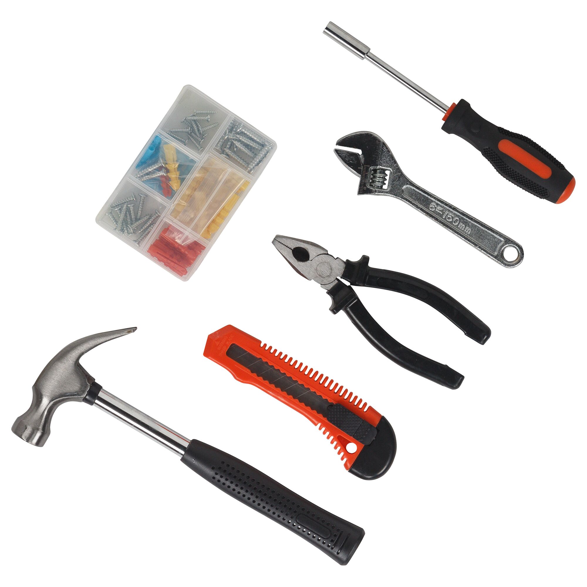 BLACKDECKER HD555KMPR hand tool set with hammer, cutter, pliers, wrench, screwdriver, and fasteners, flat lay.