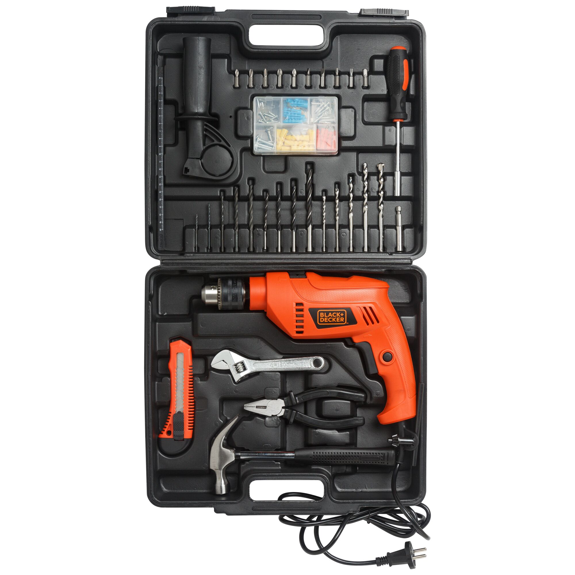 BLACKDECKER HD555KMPR toolkit with orange drill, hand tools, drill bits and accessories in black case, top view.