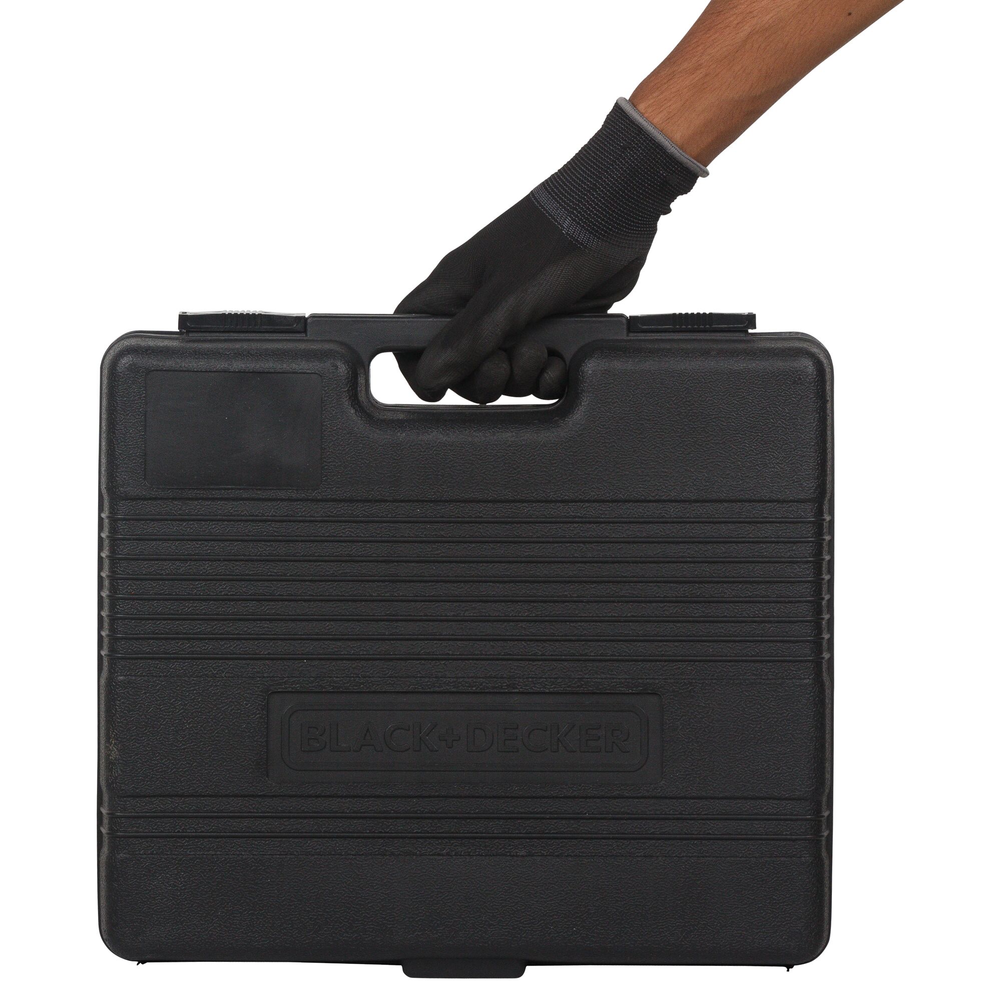 BLACK+DECKER HD555KMPR black hard plastic tool case with handle, front view, held by a gloved hand.