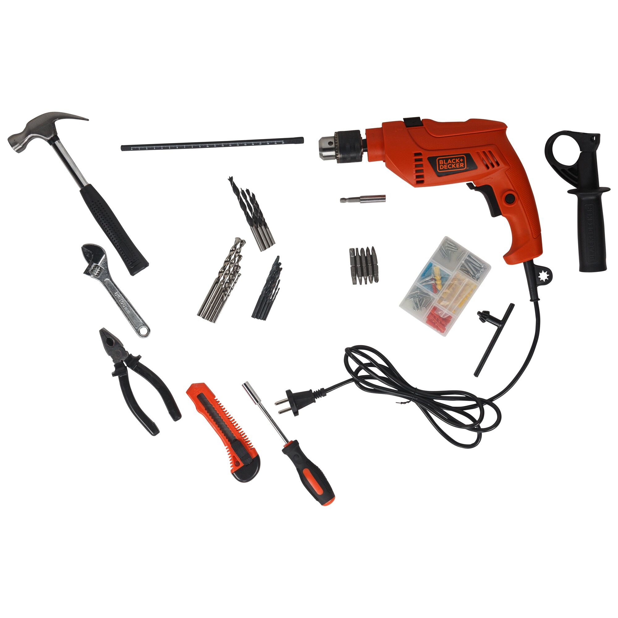 BLACK+DECKER HD555KMPR power drill kit with orange electric drill, hammer, hand tools, drill bits, screwdriver bits, screws, and storage box, top view on white background.