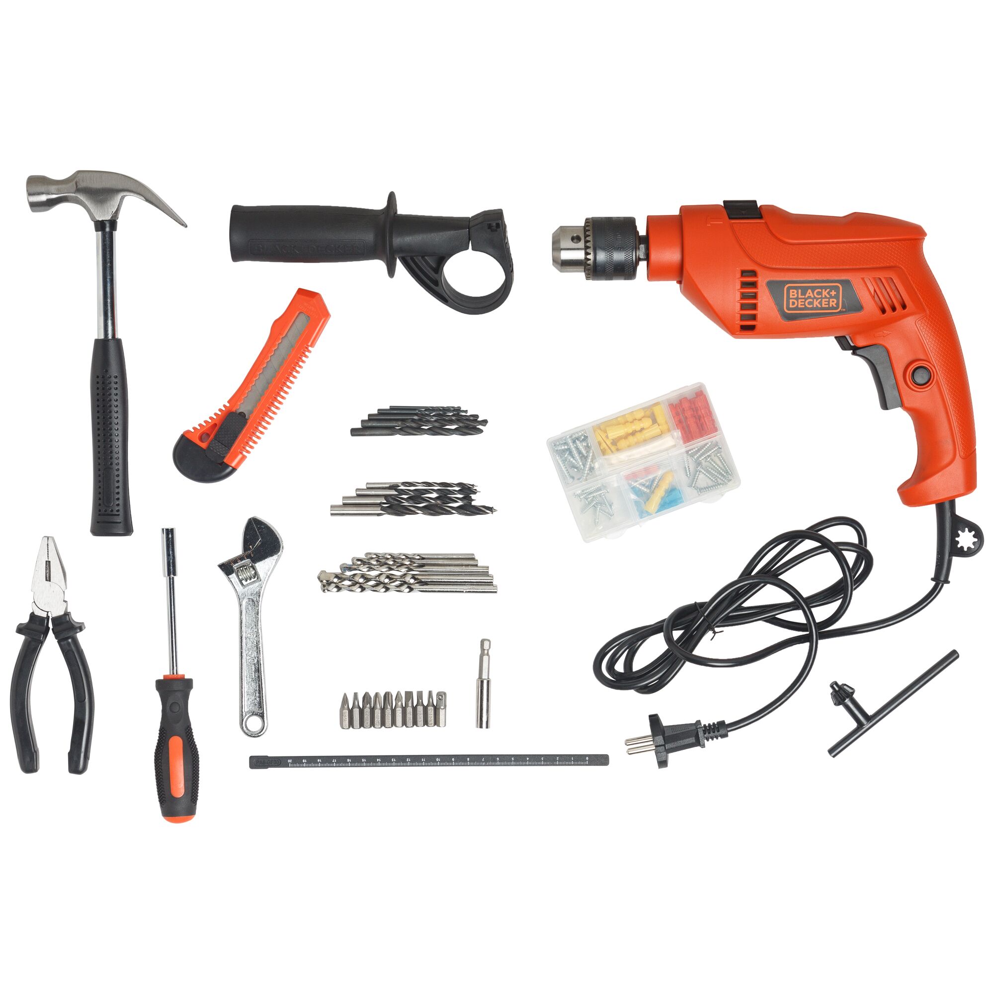 BLACKDECKER HD555KMPR orange drill kit with tools, drill bits, and accessories, flat lay, white background