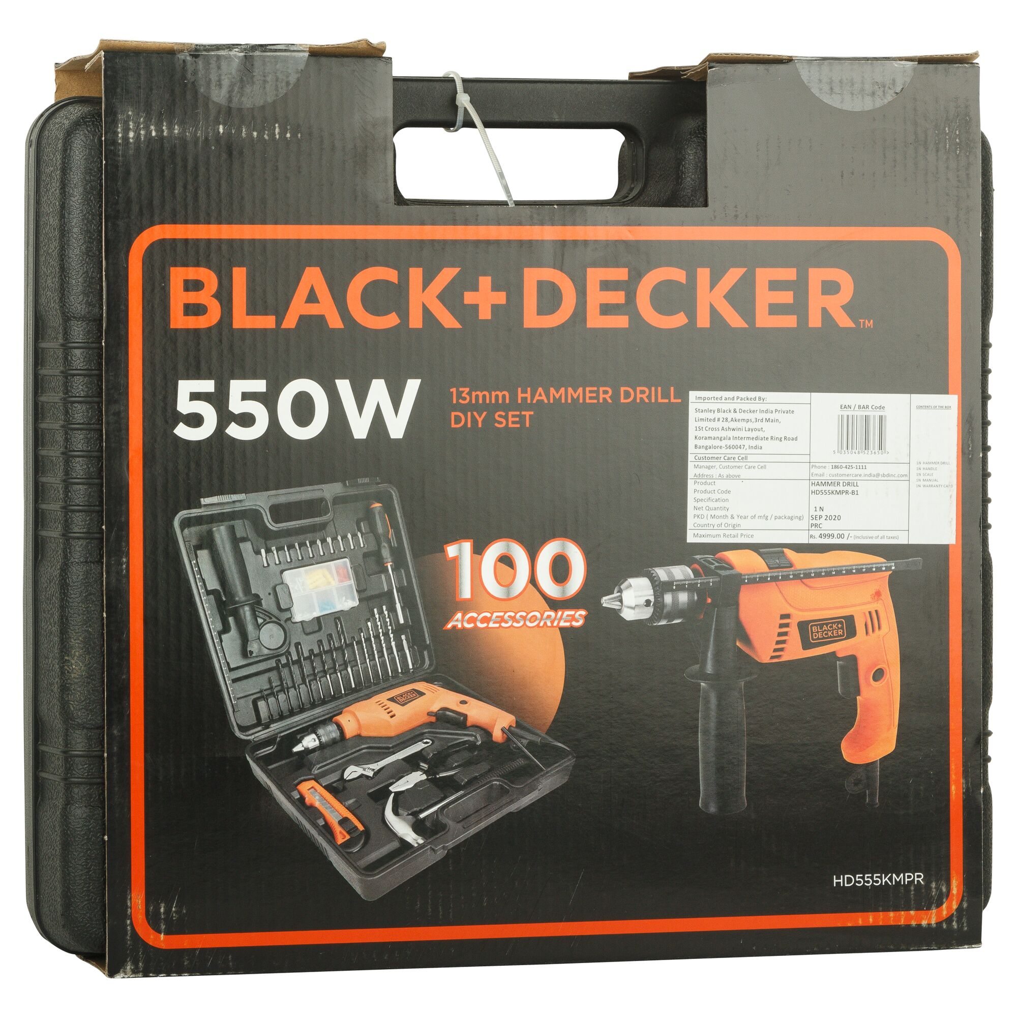 BLACK+DECKER 550W hammer drill DIY set with 100 accessories, SKU HD555KMPR, front angle photo of packaging