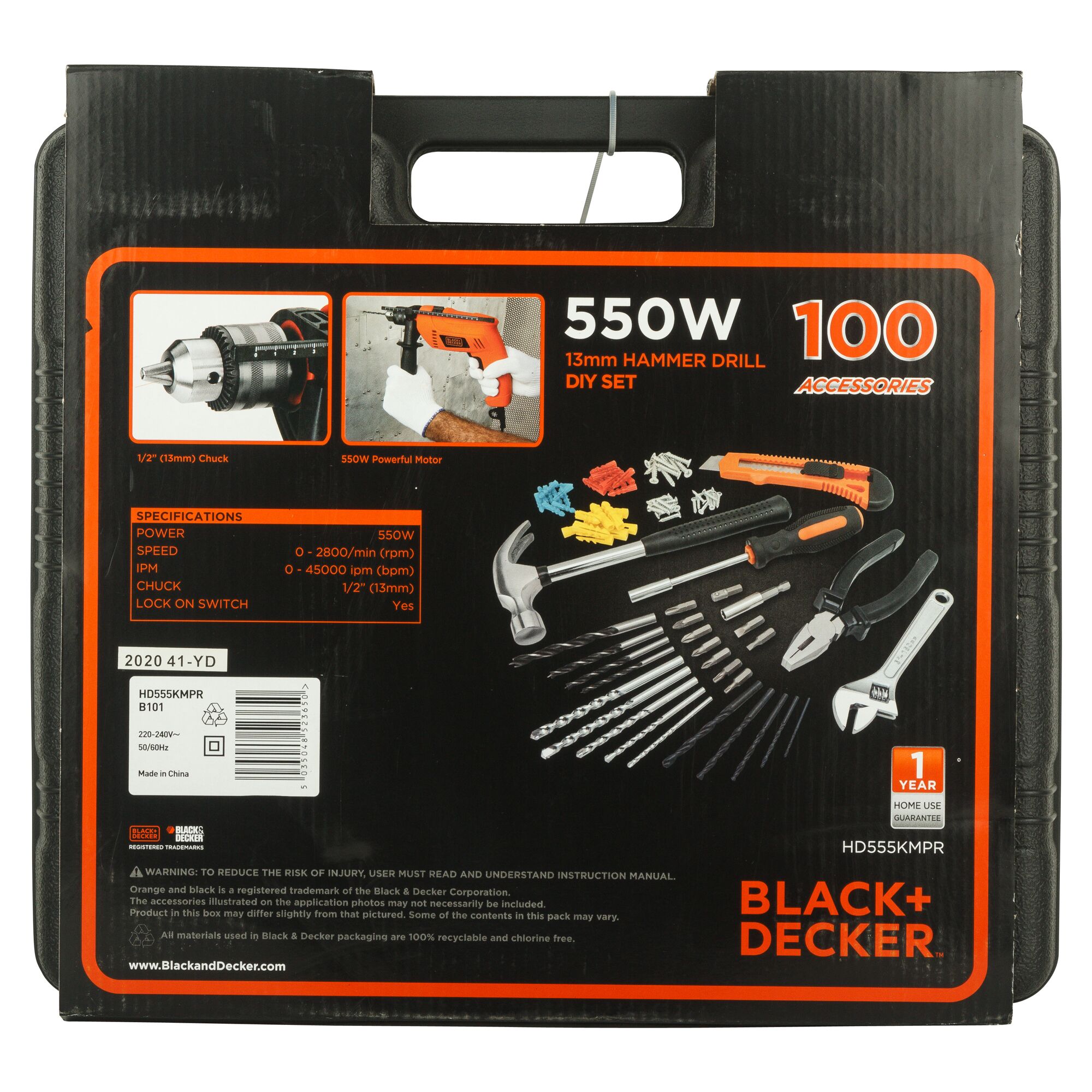 BLACK+DECKER HD555KMPR hammer drill DIY set box, black with orange details, showing drill, tools, and accessories, front view.