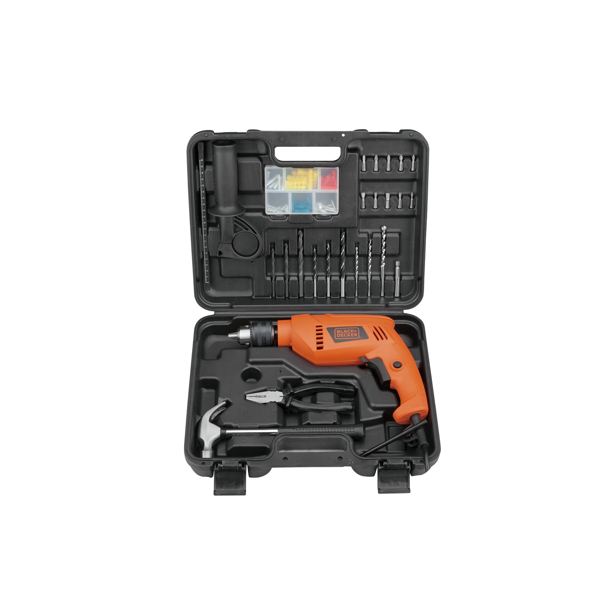BLACKDECKER HD555KOPR orange drill kit with bits, hammer, pliers and case, photography front angle.