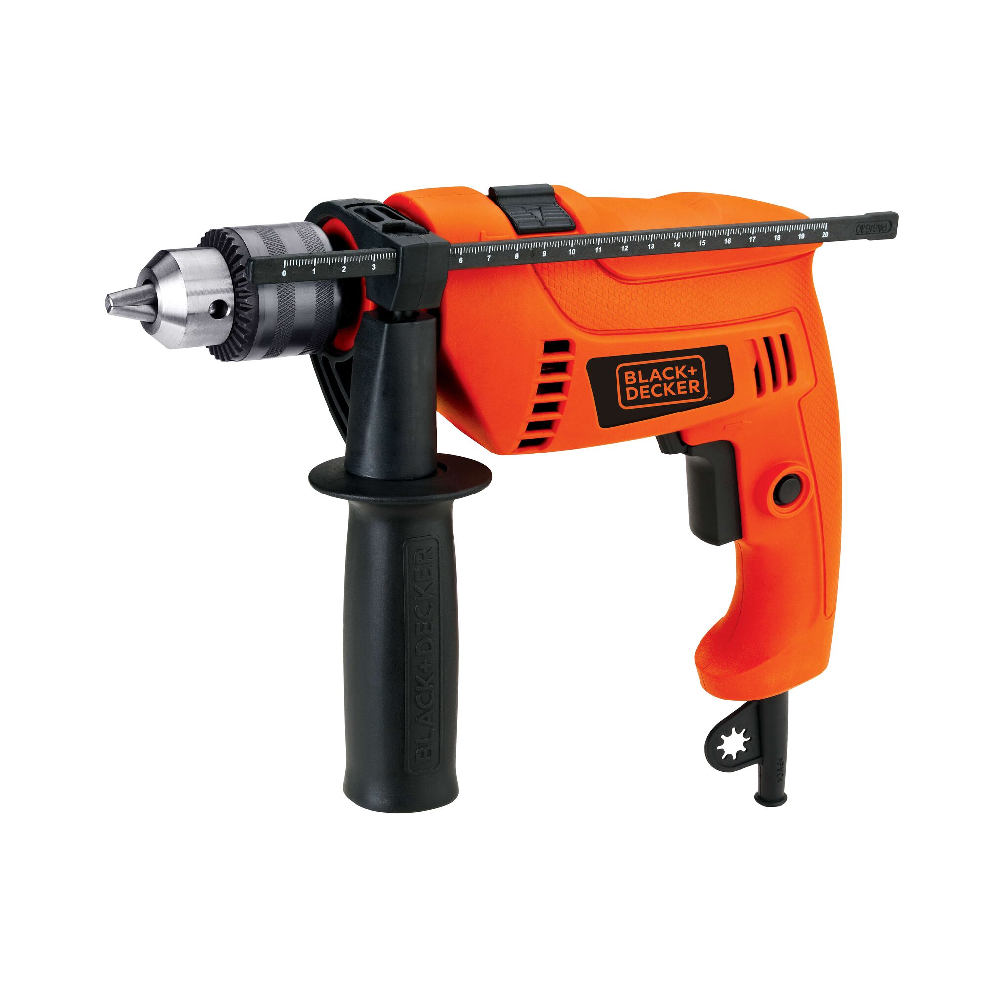BLACKDECKER HD555K orange corded drill with side handle and depth gauge, front angle, photography