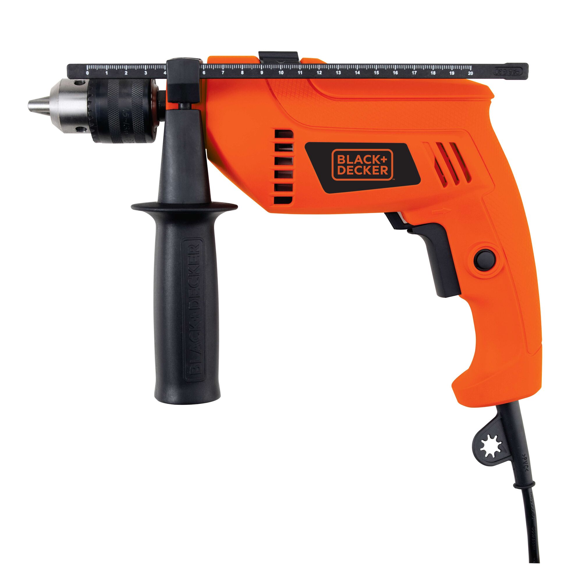 BLACK+DECKER HD555K corded orange drill with black side handle, photographed from left side on white background.