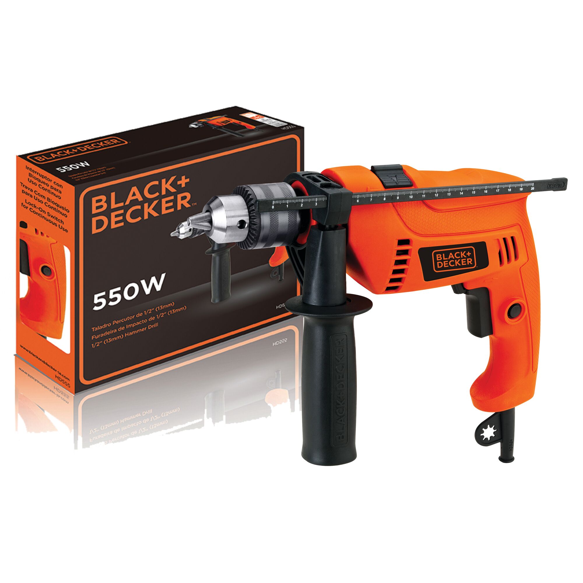 BLACKDECKER HD555K orange hammer drill with black handle, side ruler, and retail box, front angle.