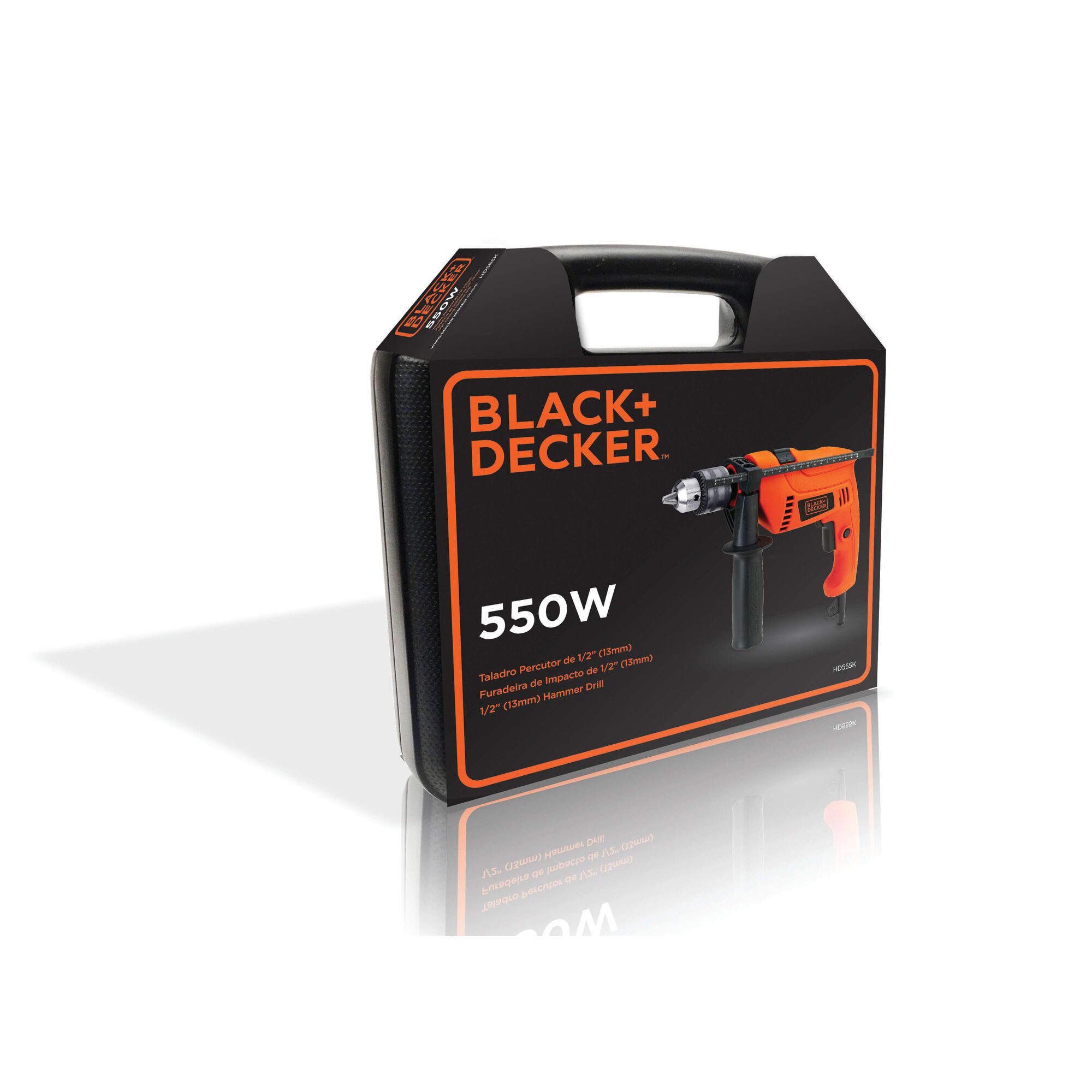 BLACKDECKER HD555K hammer drill case with orange 550W drill, angled view on white background.