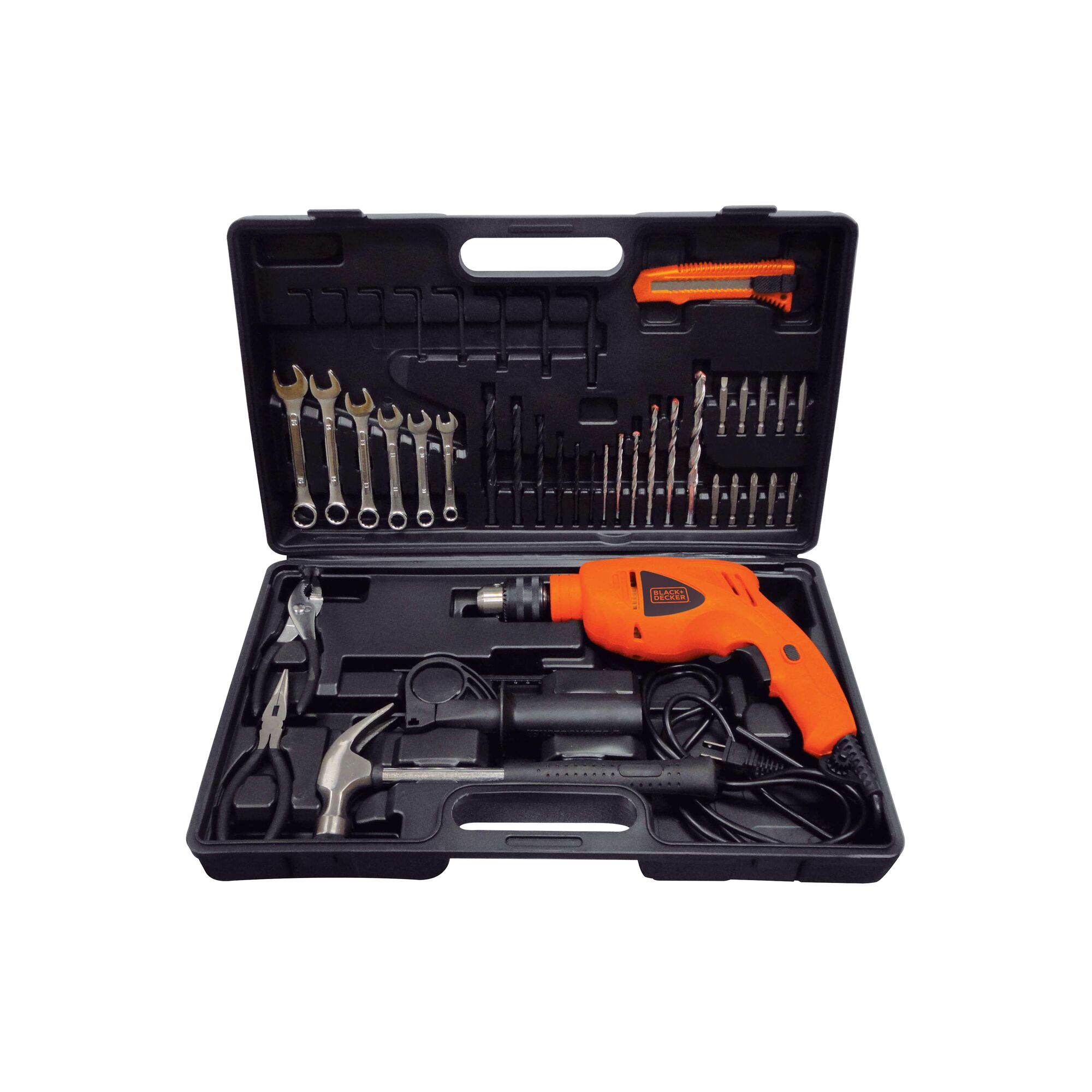 BLACKDECKER HD560K orange electric drill tool kit with wrenches, pliers, hammer, bits, and accessories in black case, top view.