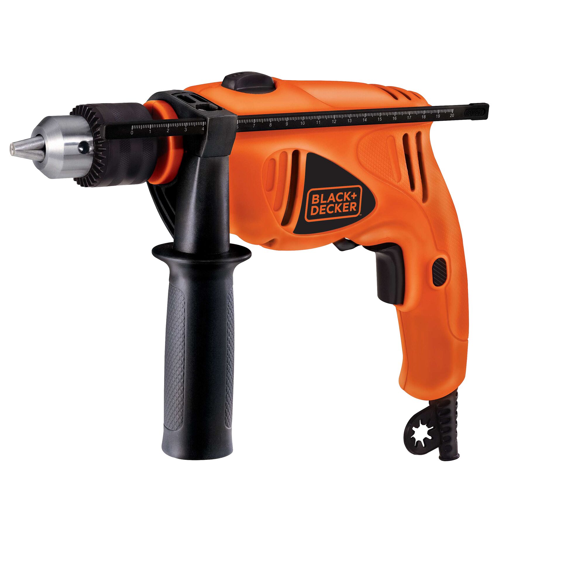 BLACKDECKER HD560K orange corded drill with side handle, depth gauge, front angle on white background.
