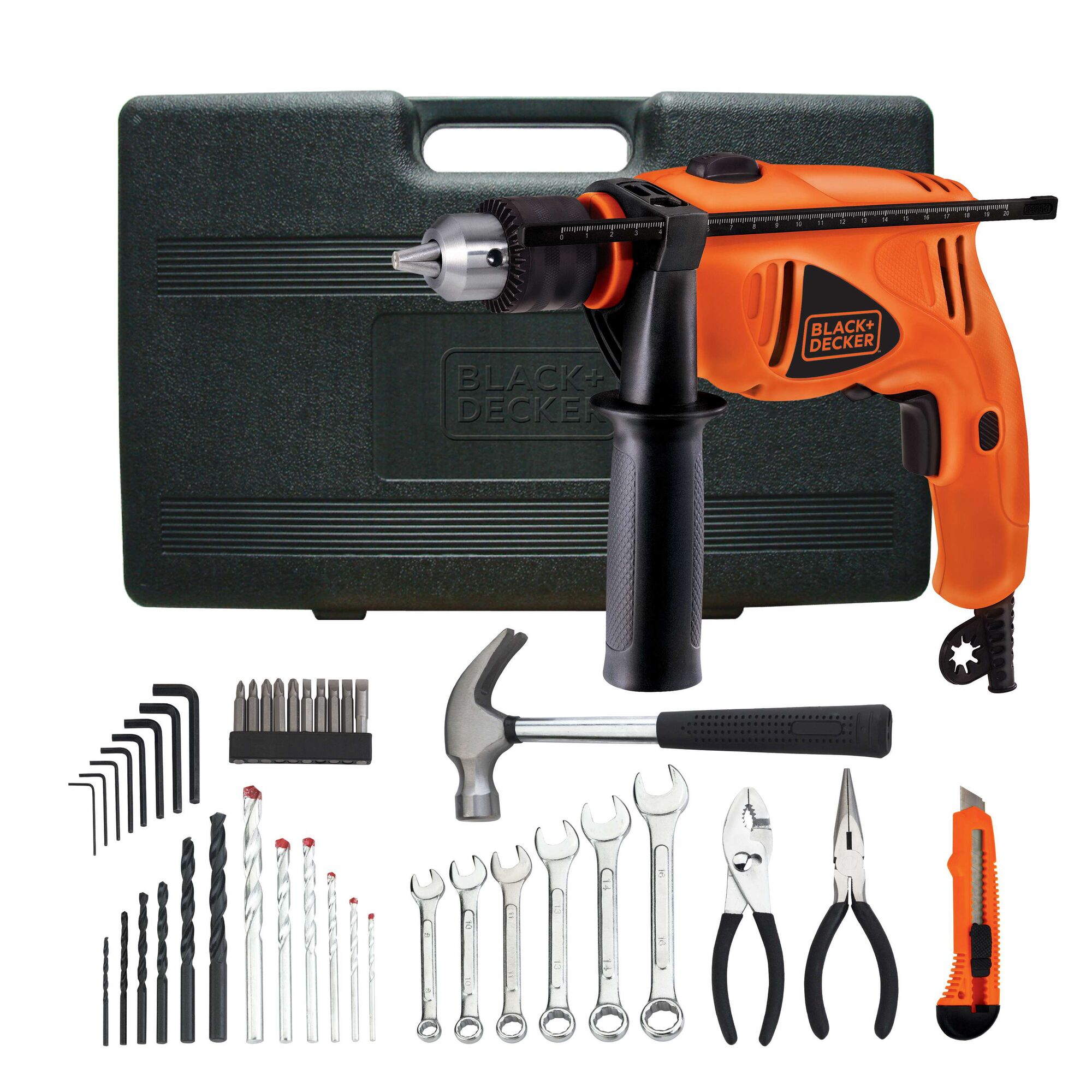 BLACK+DECKER HD560K orange corded drill set with black case, various drill bits, hand tools, and accessories, front view.